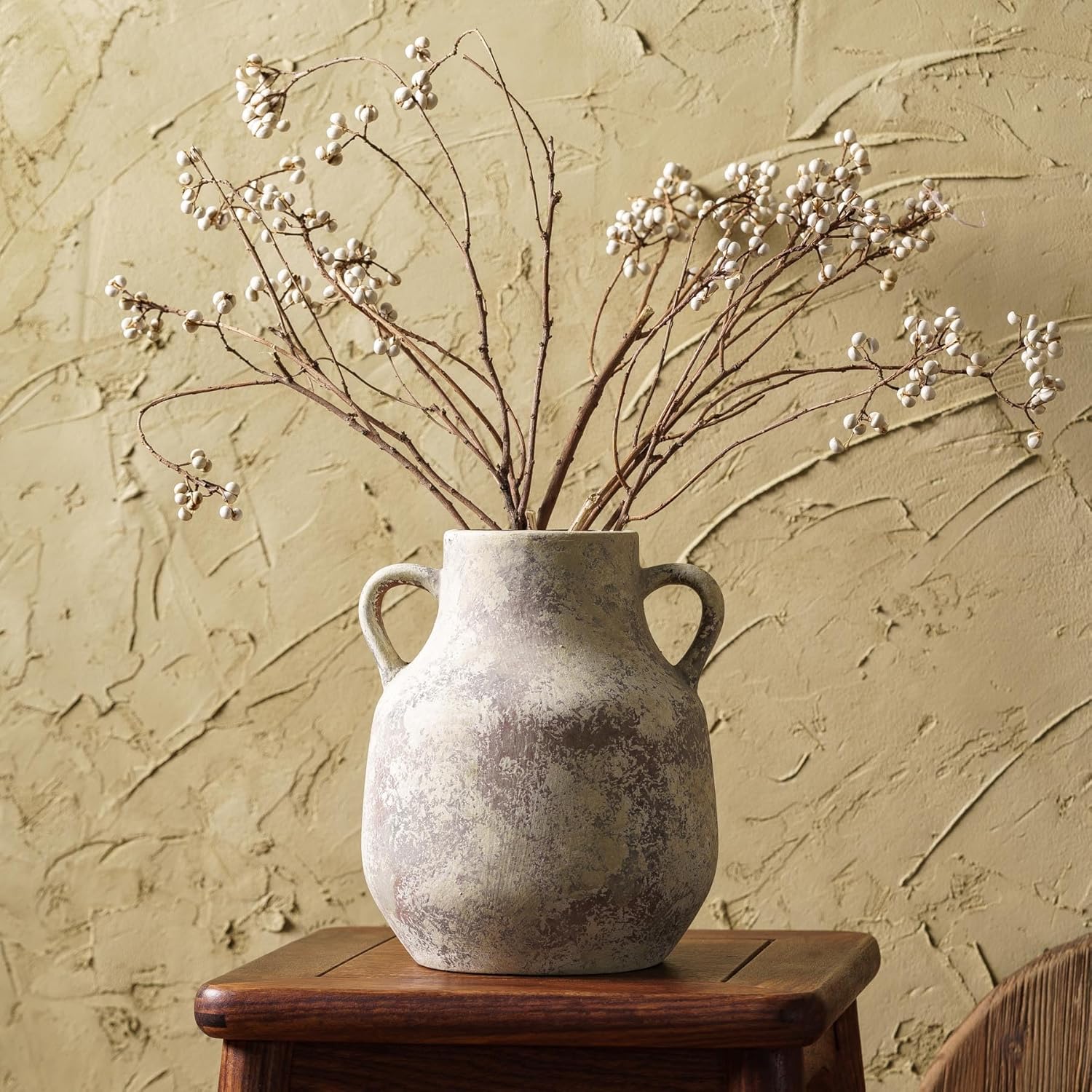 Rustic Ceramic Farmhouse Flower Vase with 2 Handles