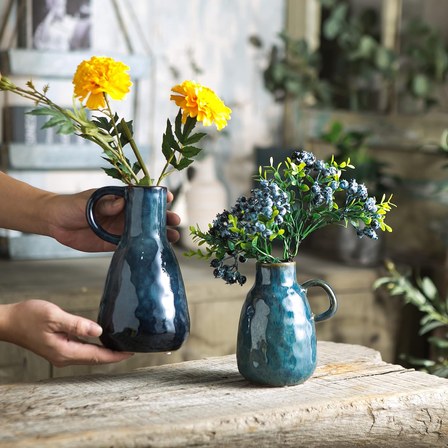 Tanvecle Ceramic Vase Set of 2 Blue Glazed