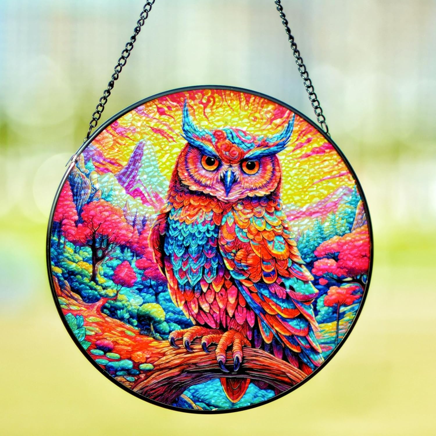 Stained Glass Window Hanging Owl Suncatcher Decor