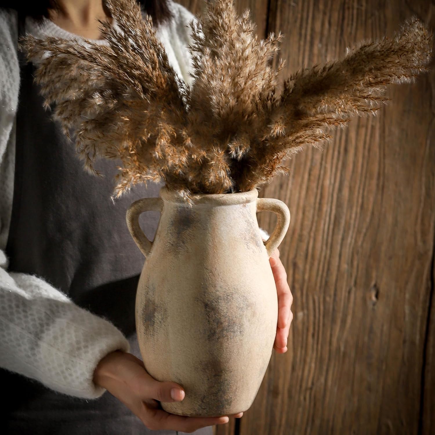 Lyeec Ceramic Vase with Handles 905 Inch Tall Terracotta Decorative Pottery Flower Vase for Home Farmhouse Decor