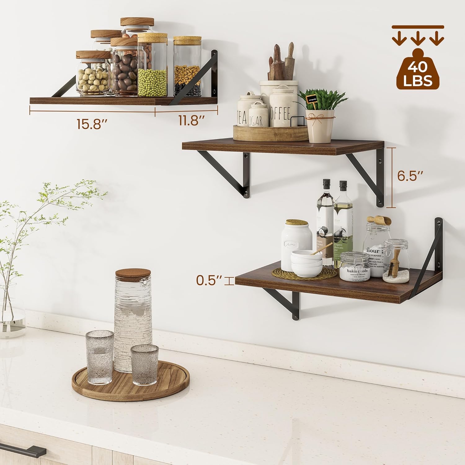 Deep Floating Shelves Set of 3 12 Inch Deep Walnut Wood Shelves for Wall