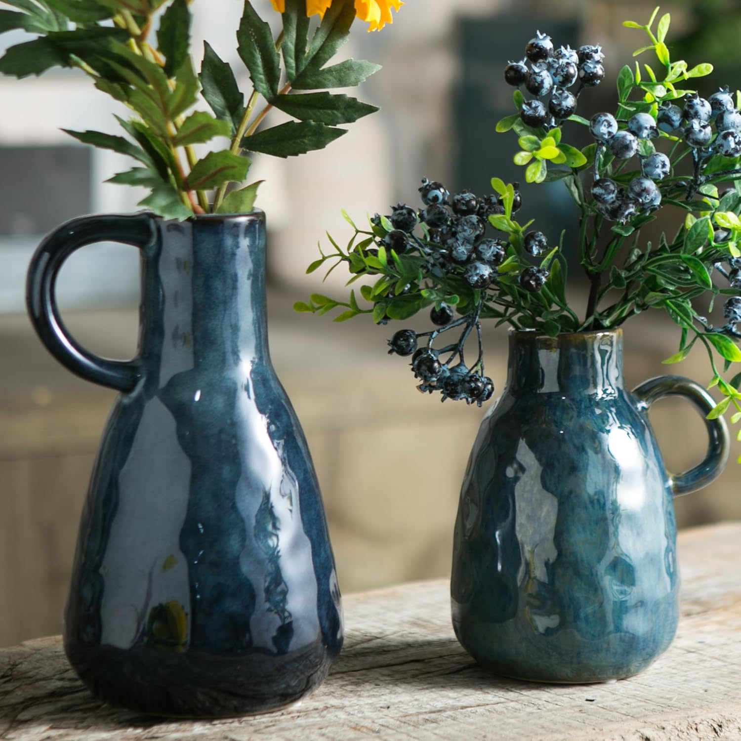 Tanvecle Ceramic Vase Set of 2 Blue Glazed