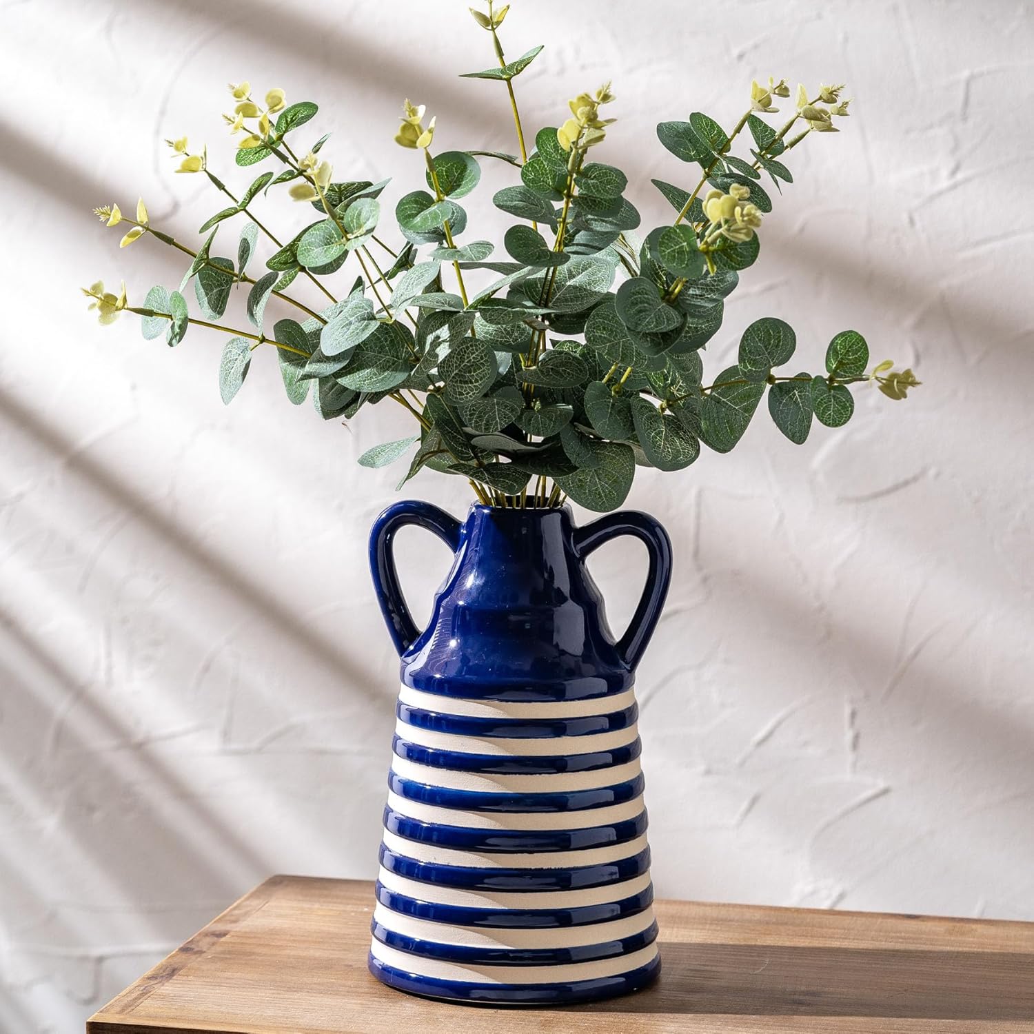 Ceramic Blue and White Striped Vase with Handles