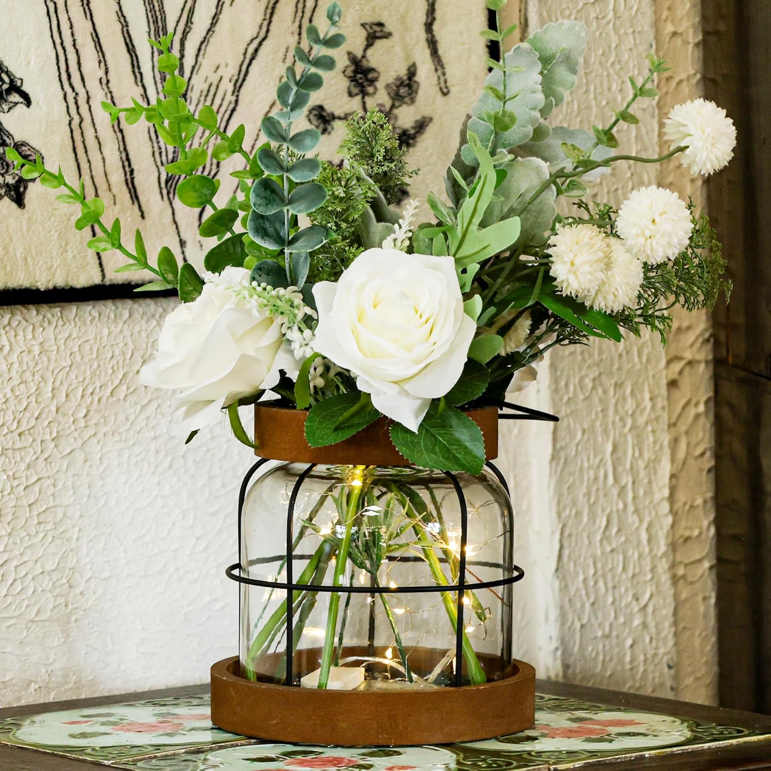 Farmhouse Vase with Artificial Flowers and Fairy Lights
