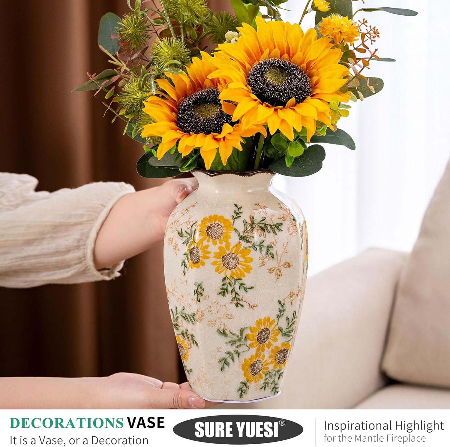 Hand-Painted Sunflower Vintage Ceramic Octagonal Vase 91 in