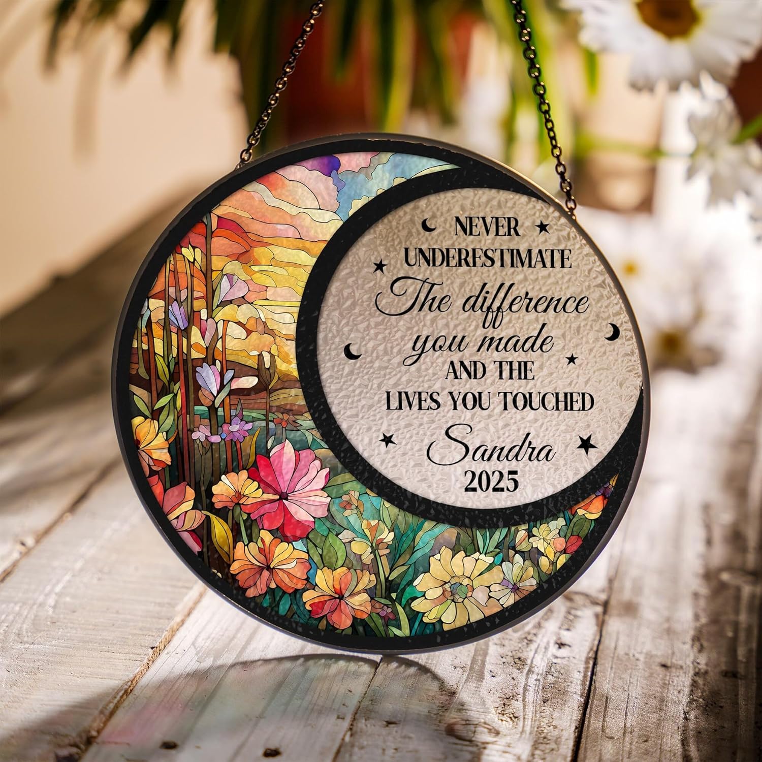 Personalized Retirement Sun Catcher with Name and Floral Design