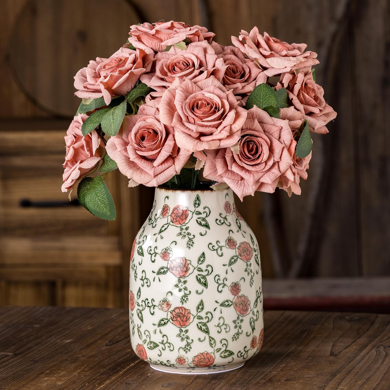 Green and Beige Vintage Round Ceramic Vase with Red Roses