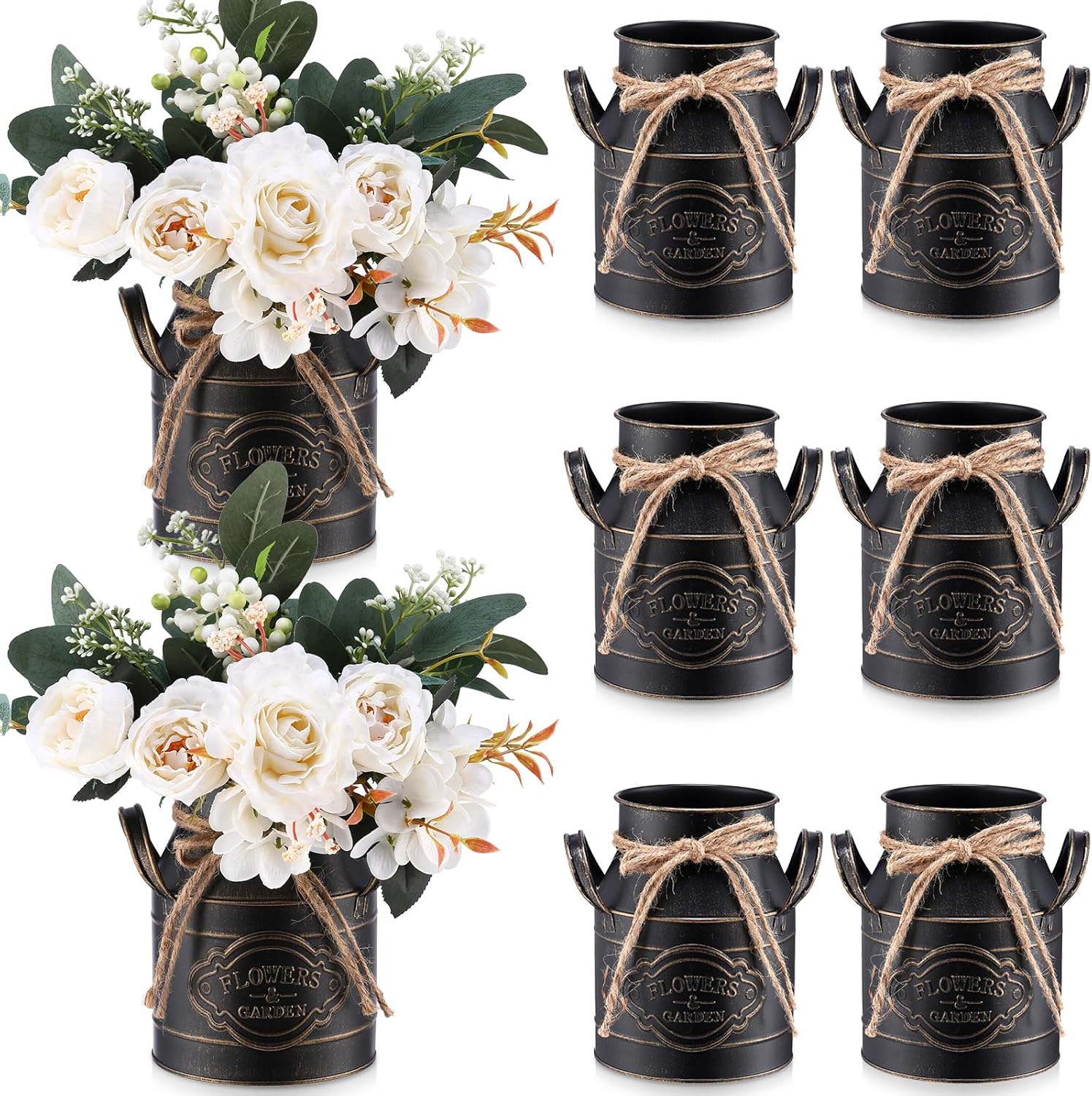 Roshtia 6 Inch Galvanized Metal Vase with Handle Black 8 Pcs