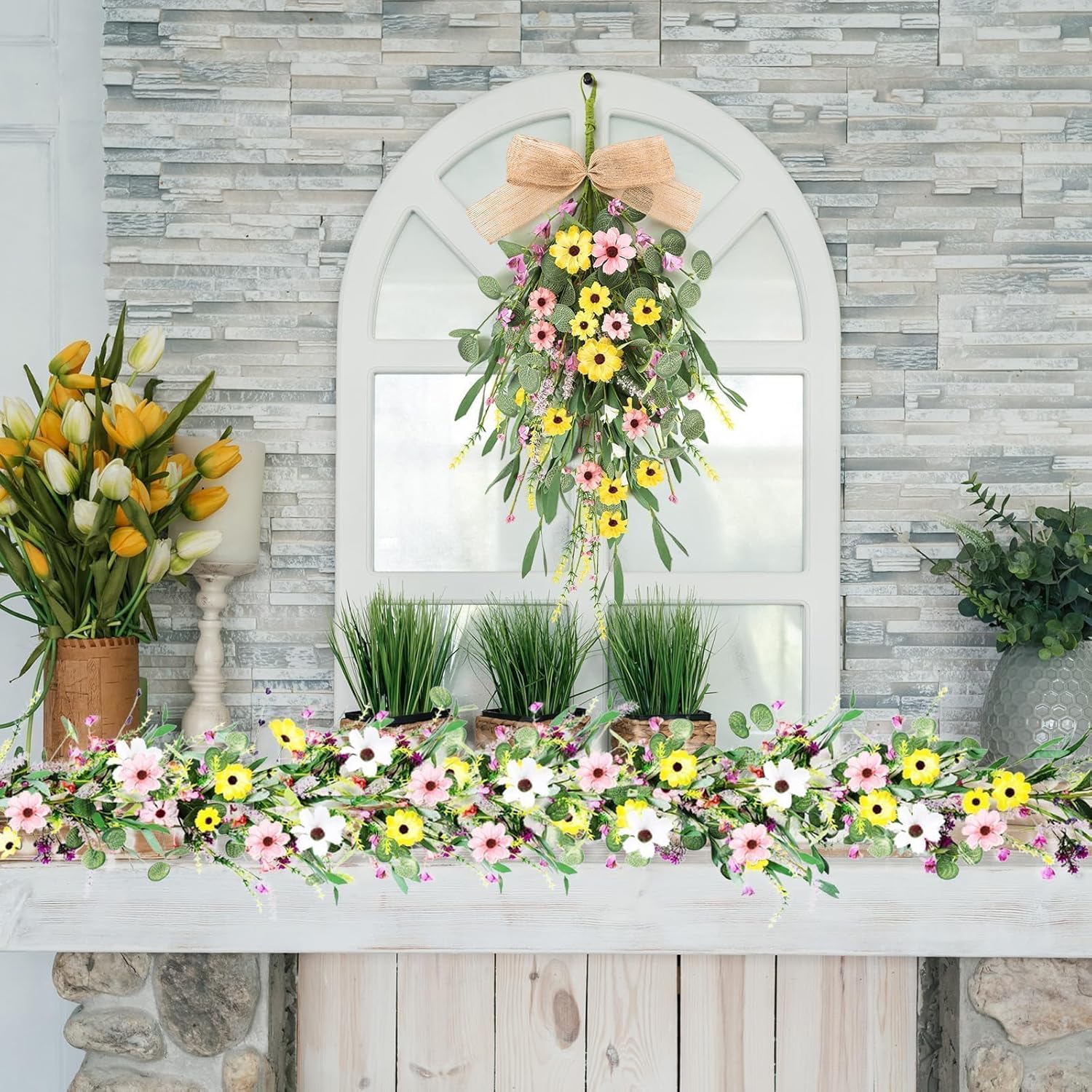 4 Pcs 24 Inch Artificial Spring Summer Wreath with Ribbon Flowers