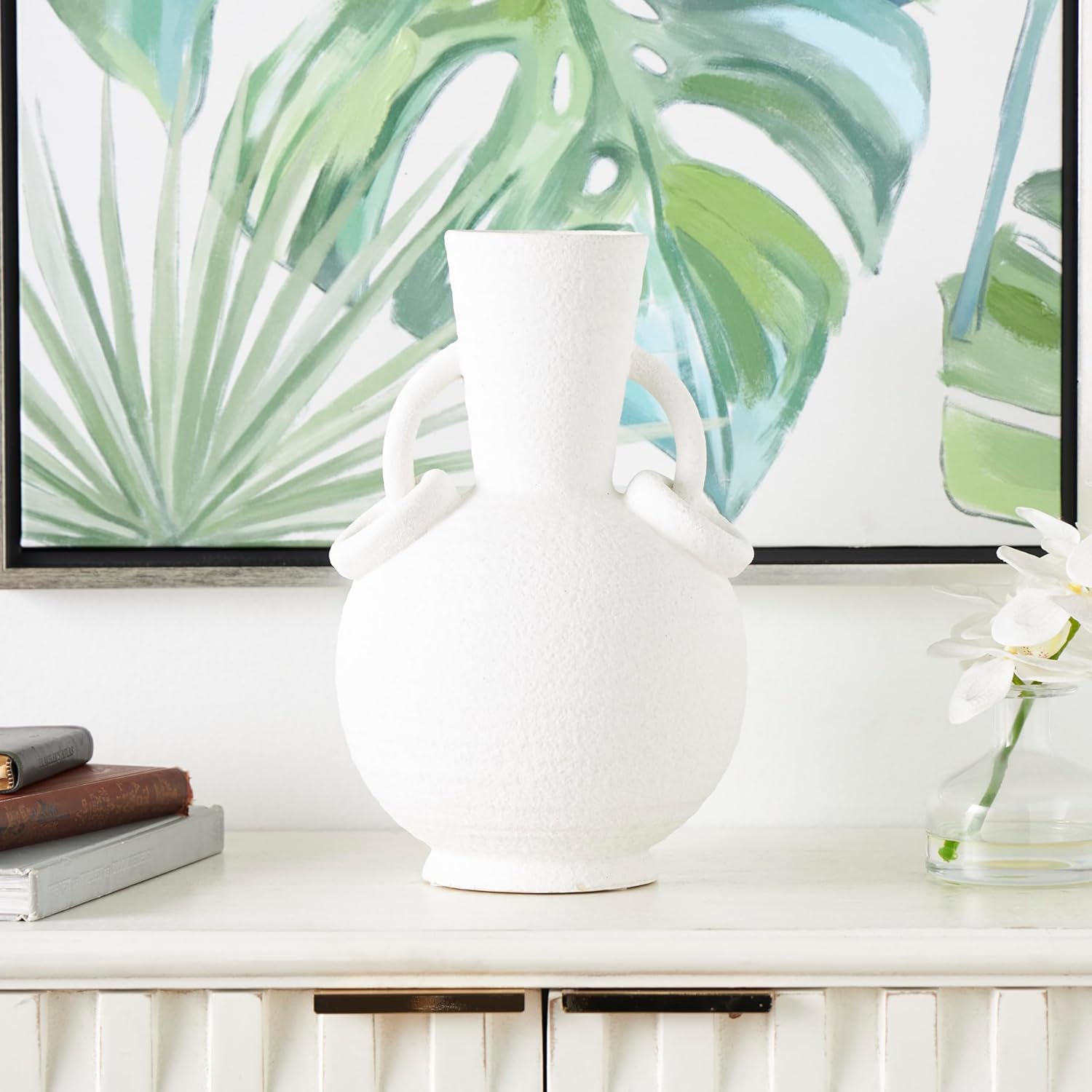 Deco 79 Cream Ceramic Vase with Ring Handles