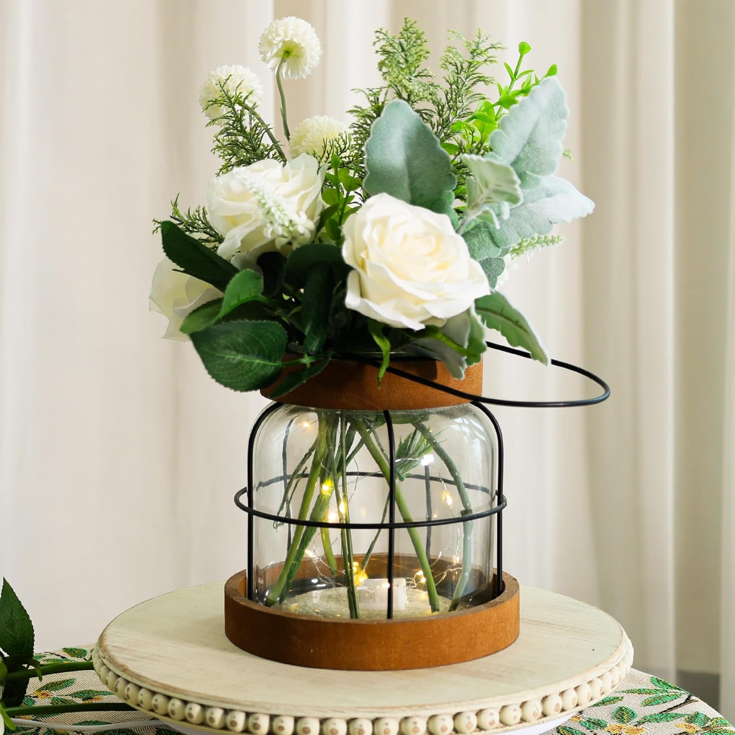 Farmhouse Vase with Artificial Flowers and Fairy Lights
