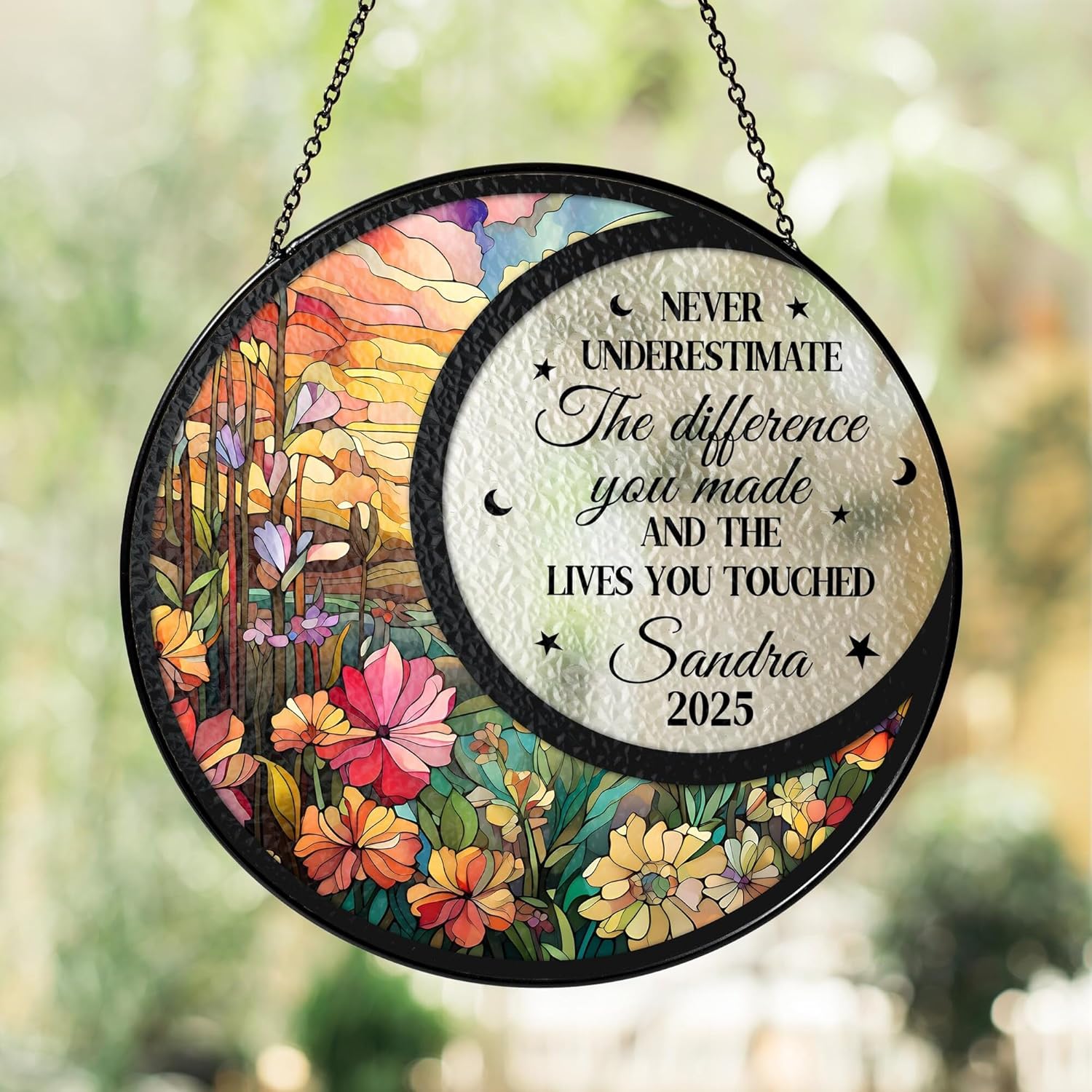 Personalized Retirement Sun Catcher with Name and Floral Design