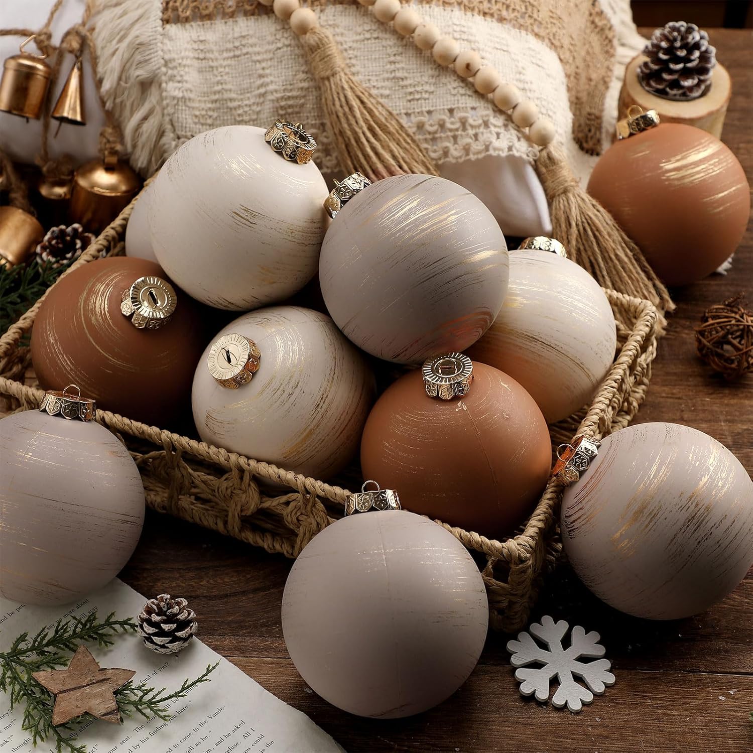 Yunlly 12 Pcs Textured Neutral Copper Christmas Ornaments
