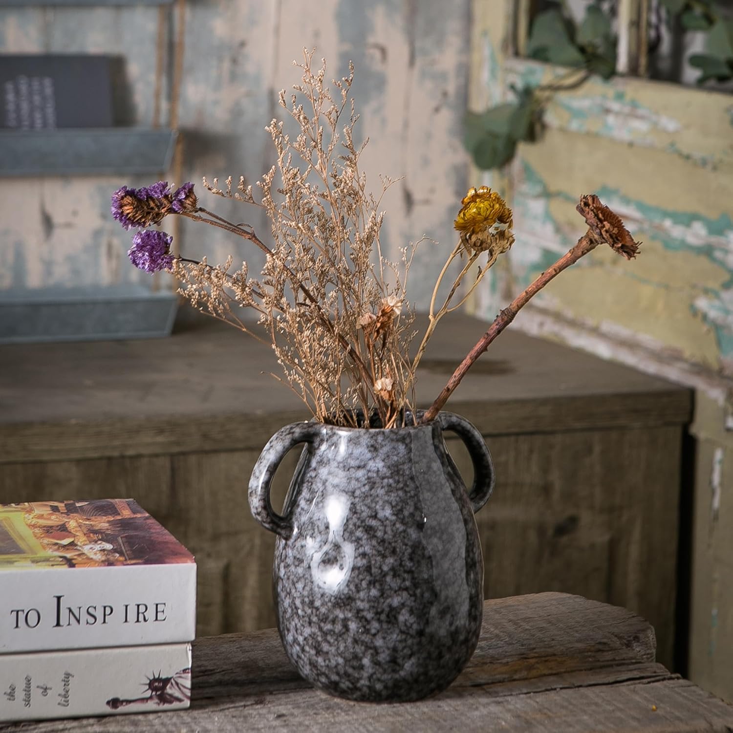 Black Ceramic Vase with 2 Handles 7 Inch Tall