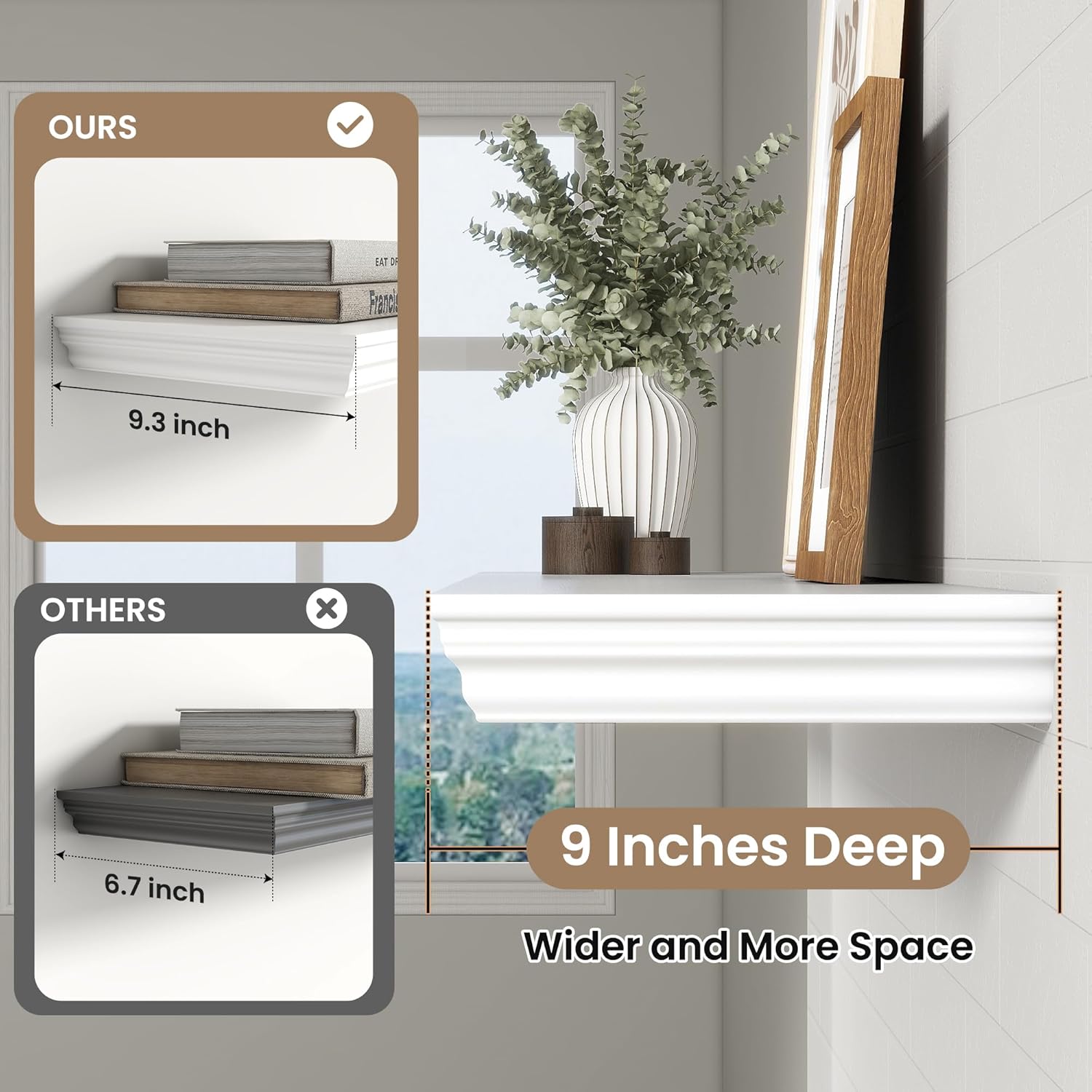 Axeman 36 Inch Floating Shelves with Crown Molding White Set of 2
