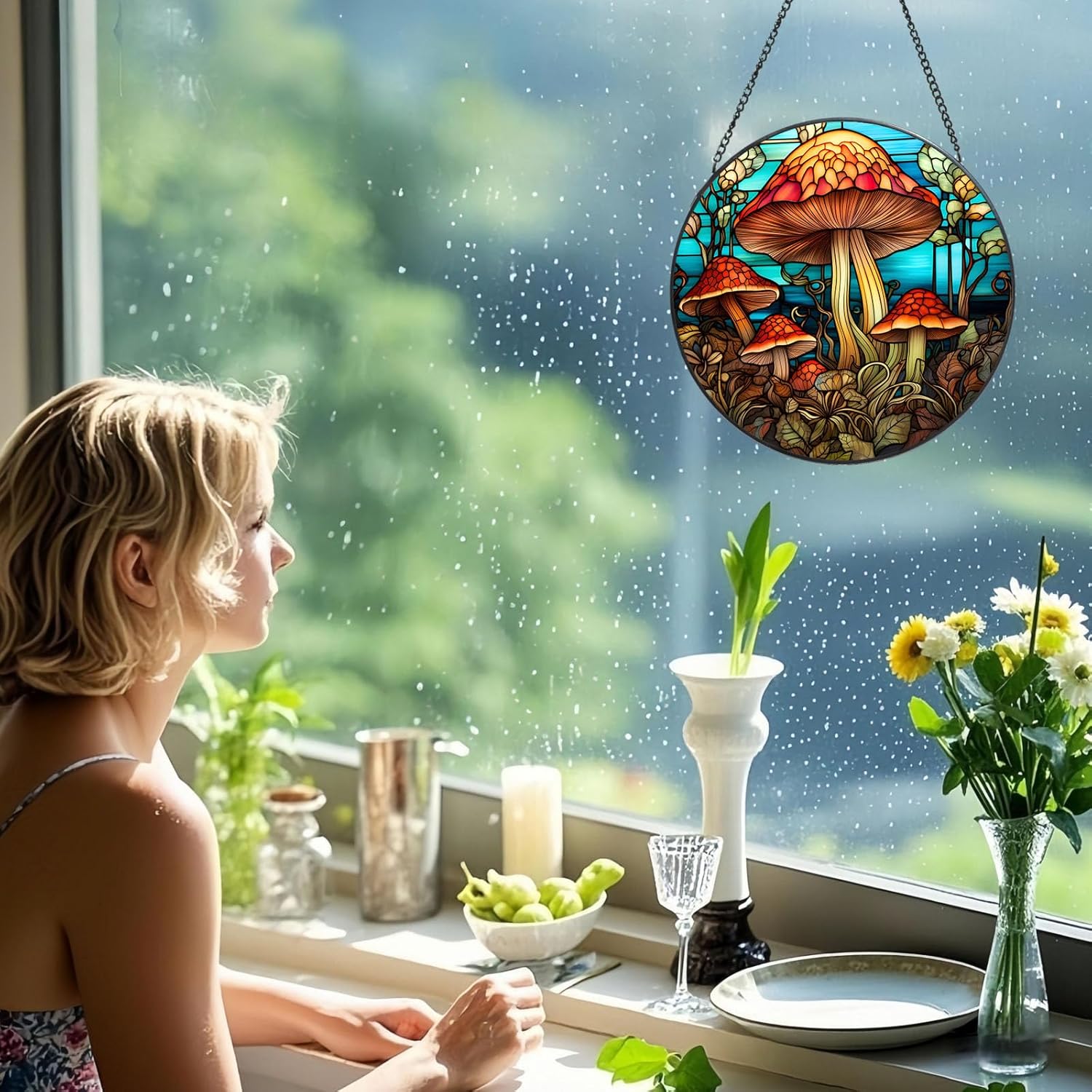 Stained Glass Window Hanging Suncatcher - Mushroom Design