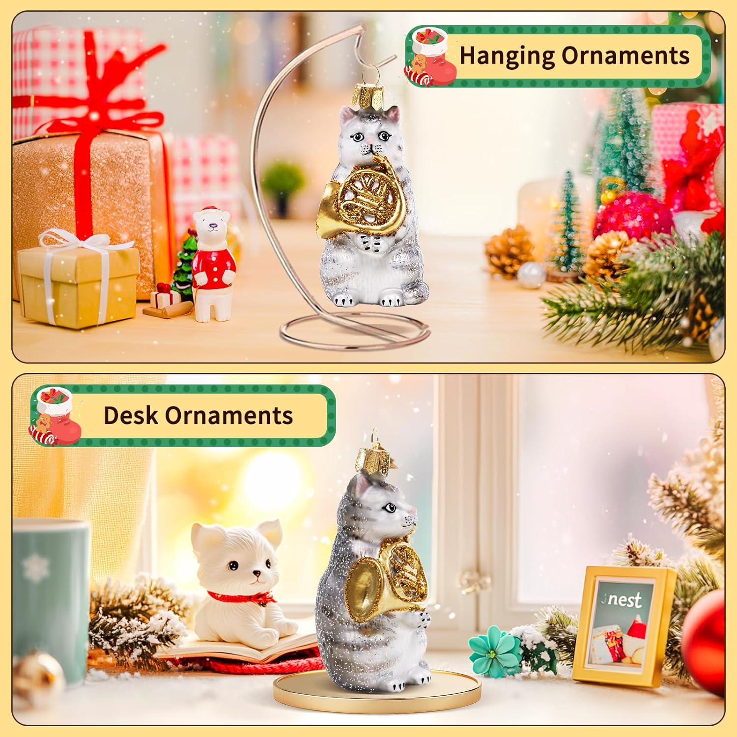 Hand-Blown Glass Cat Christmas Ornament
