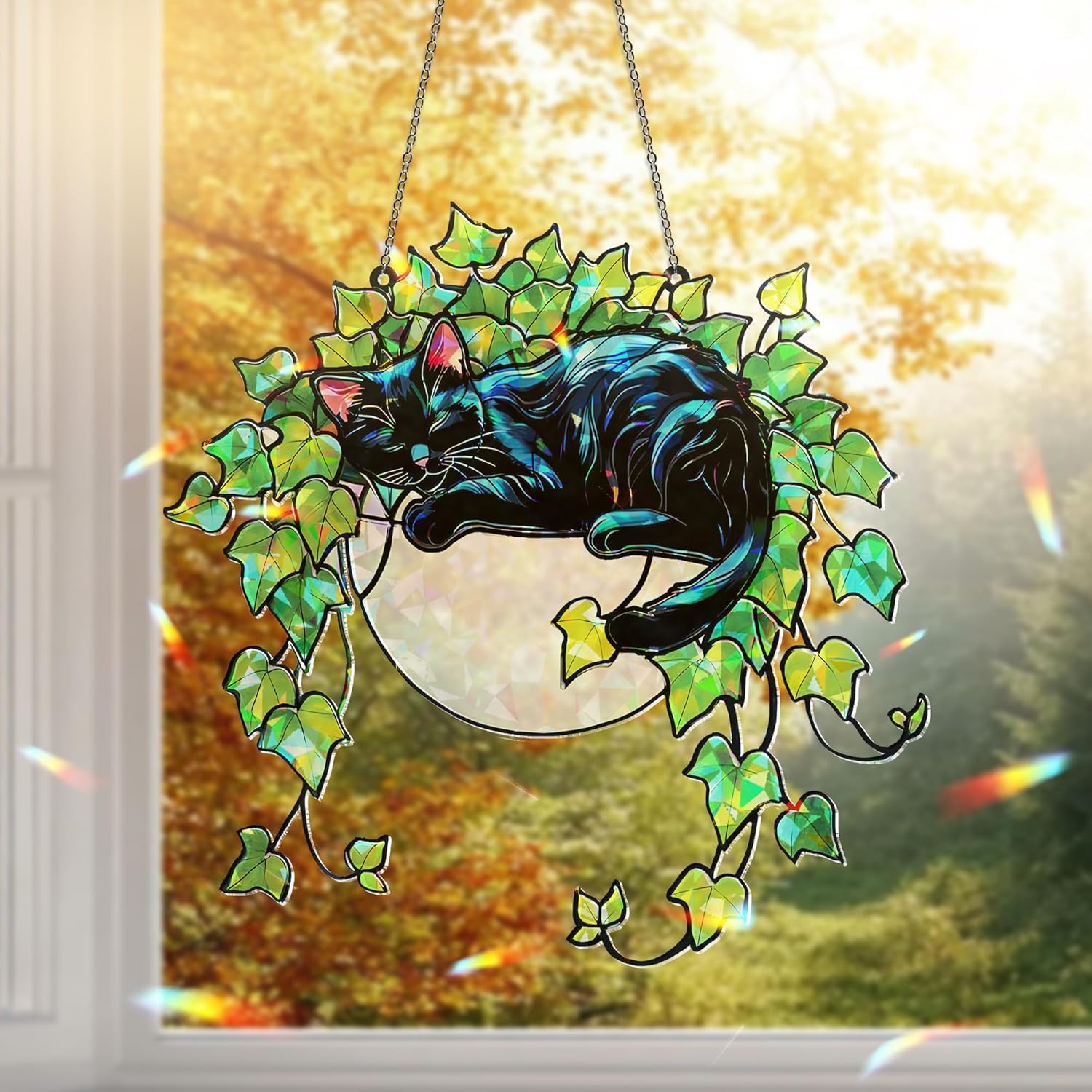 Whimsical Black Cat Stained Glass Suncatcher
