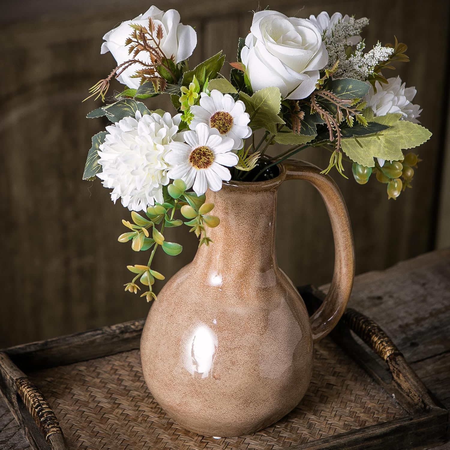 Brown Ceramic Vase with Big Handles Modern Farmhouse Decor