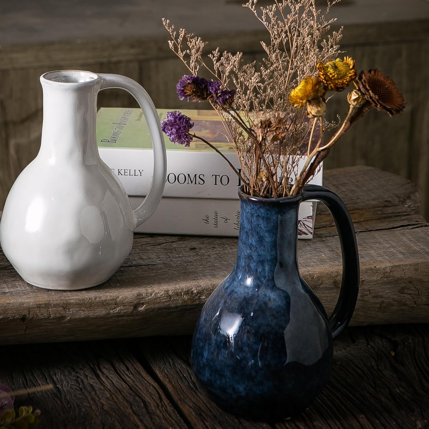 Blue Ceramic Vase with Big Handles Modern Farmhouse Decor