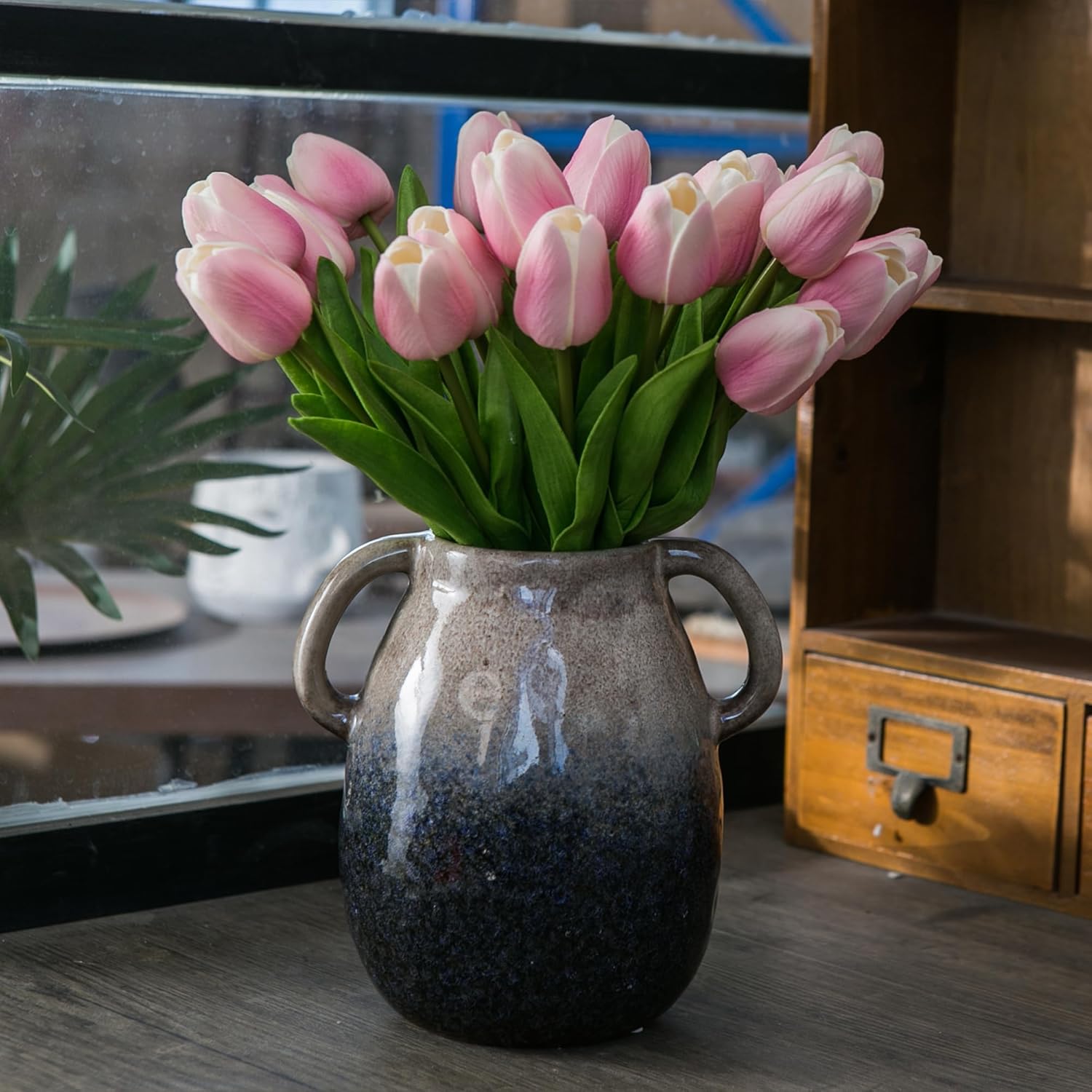 JOJUNO Brown to Blue Gradient Ceramic Vase with Handles