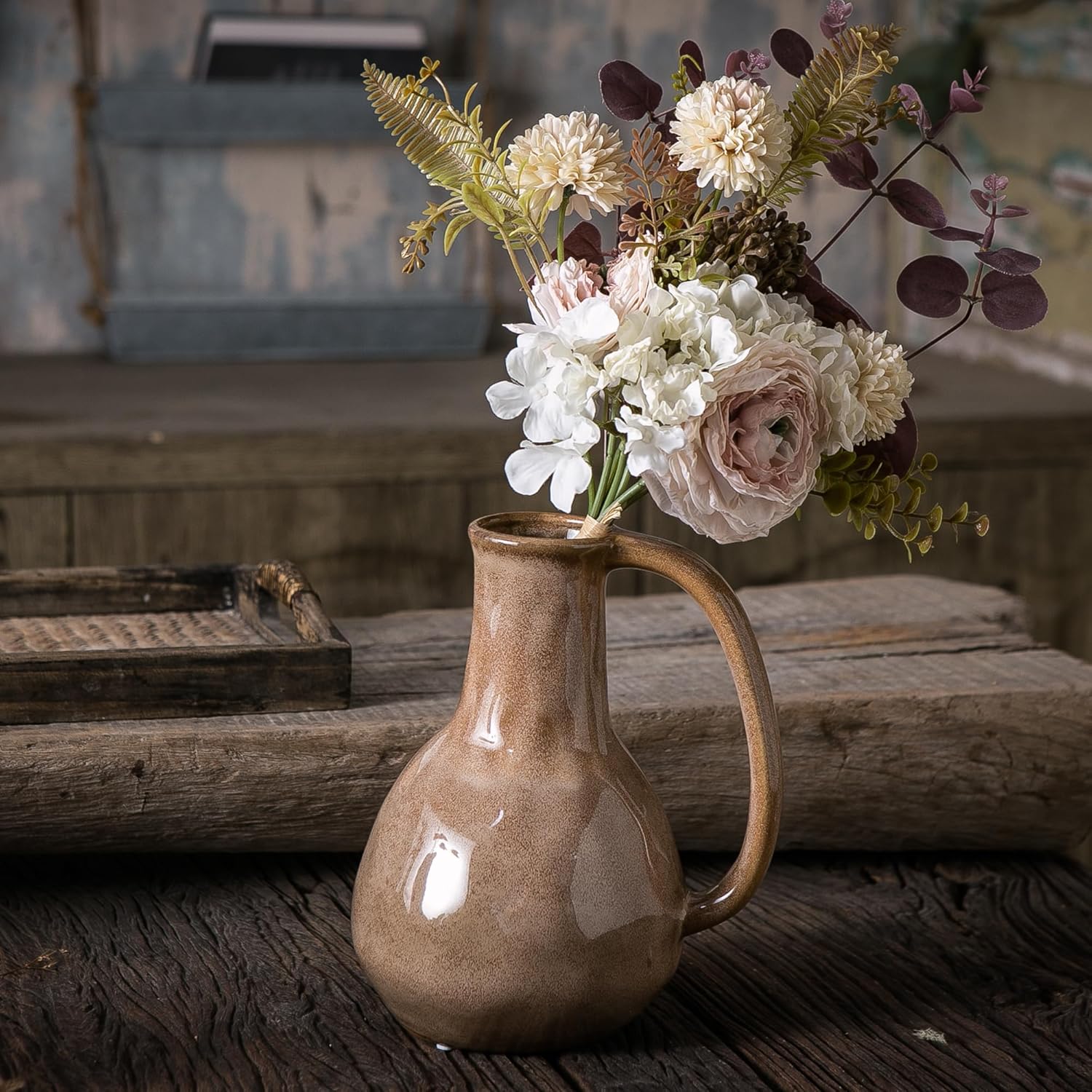Brown Ceramic Vase with Big Handles Modern Farmhouse Decor