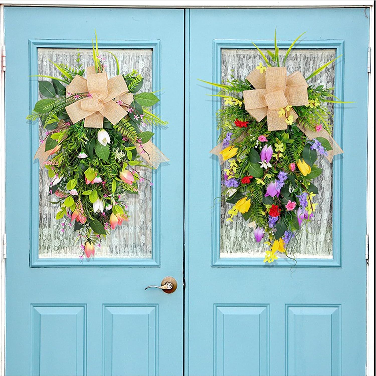 Spring Flower Wreath for Front Door Teardrop Swag with Artificial Tulips