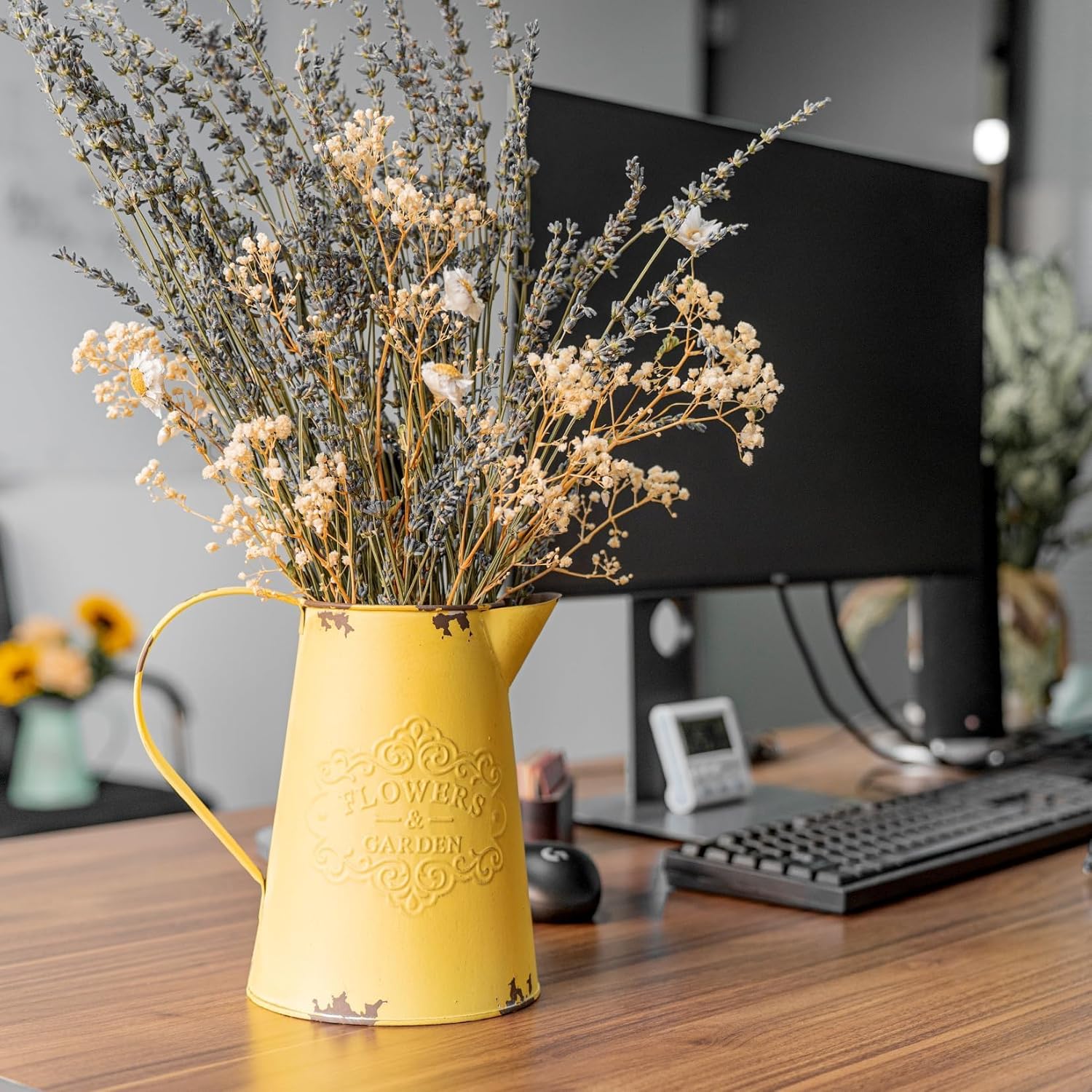 Yellow Metal Flower Vase Farmhouse Decor
