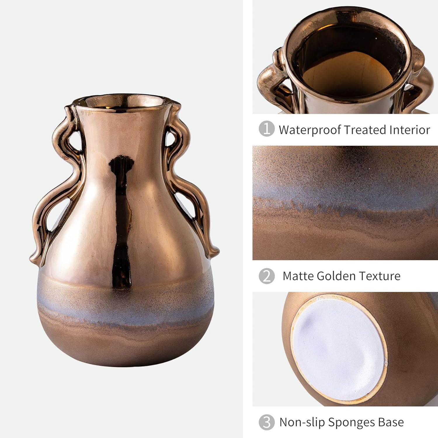 Gold Ceramic Vase with Handles 73 Inch Tall