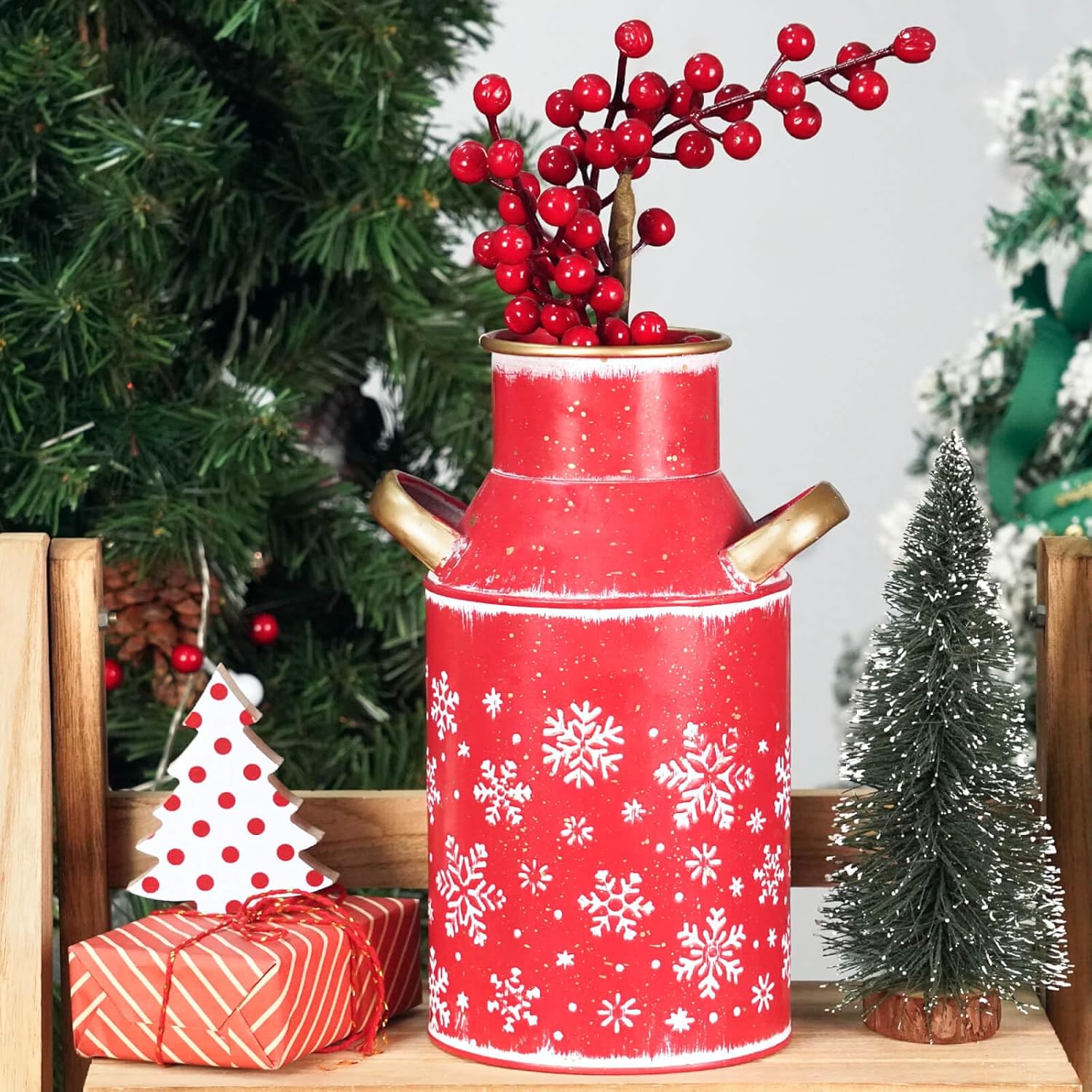 Galvanized Red Milk Can Christmas Decor Vase with Gold Handles