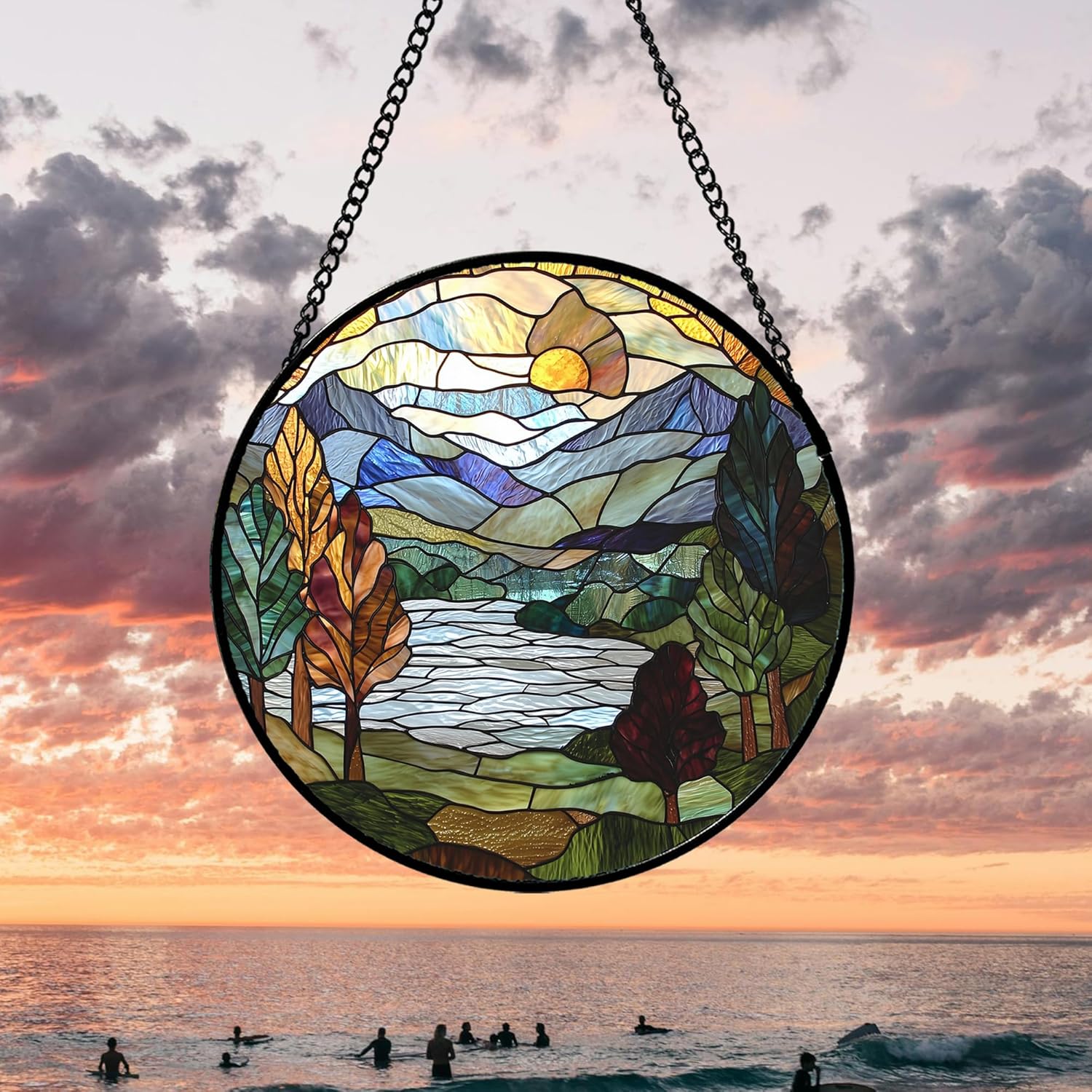 Stained Glass Window Hanging Blue Green Mountains Lake Landscape Suncatcher
