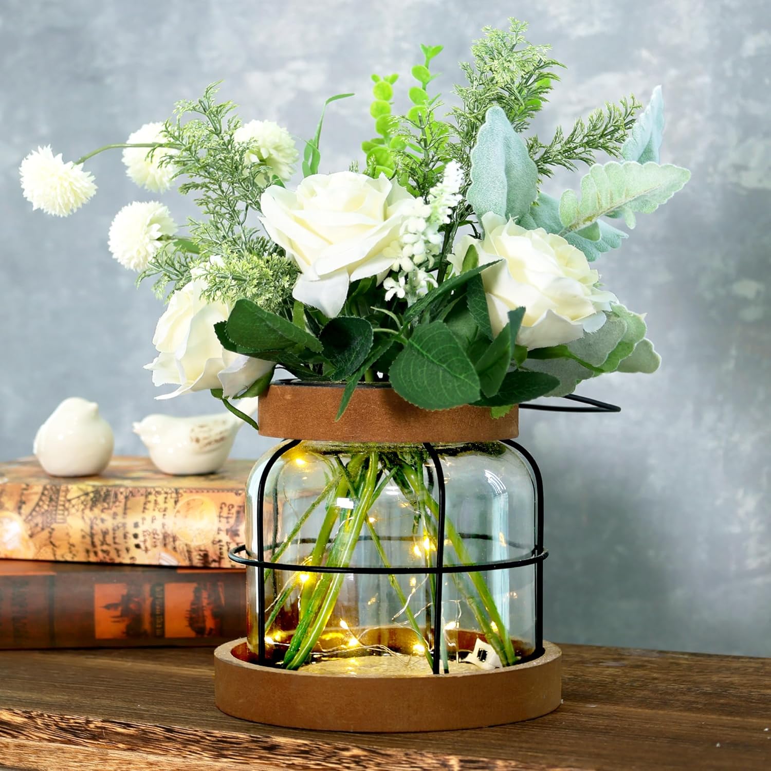 Farmhouse Vase with Artificial Flowers and Fairy Lights