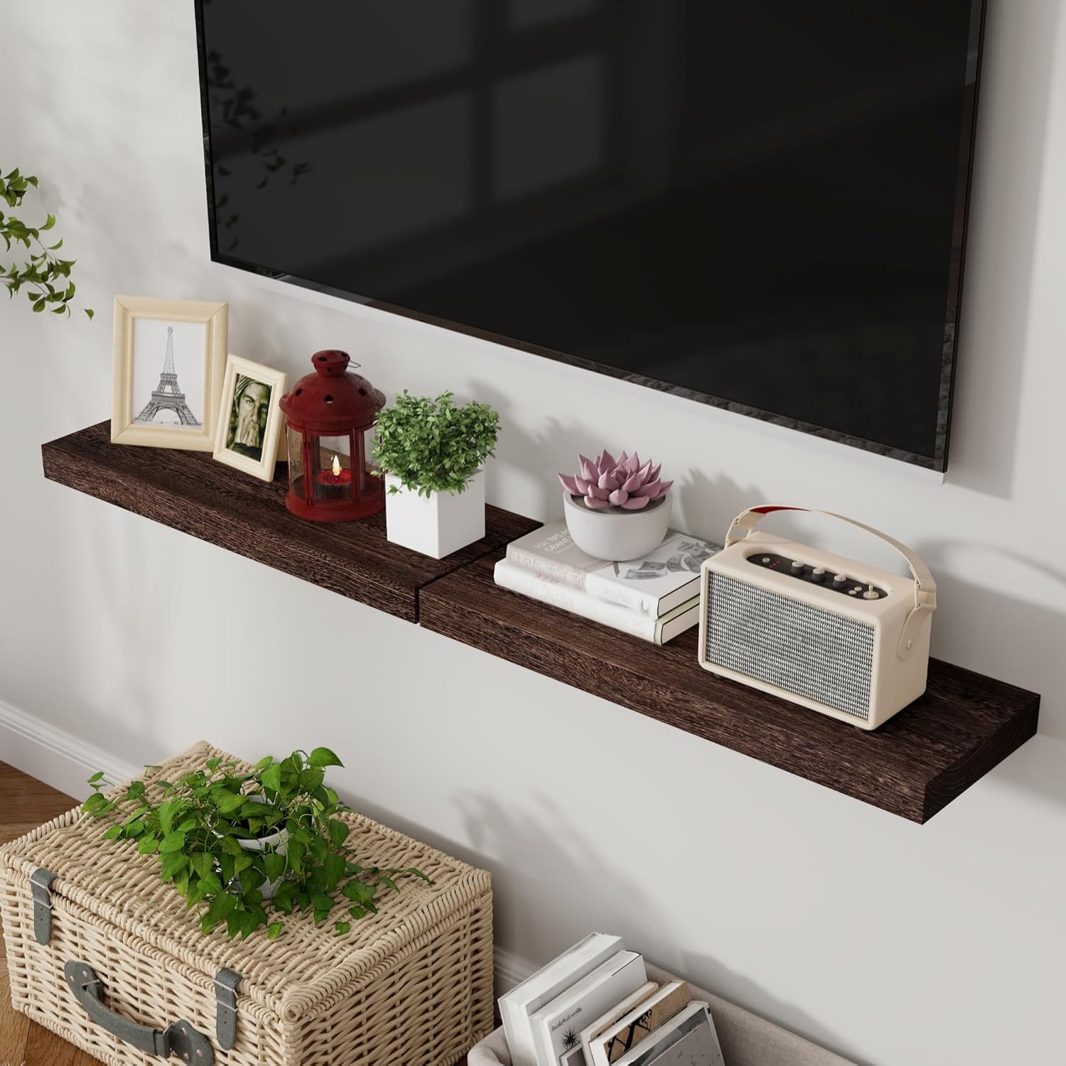 Axeman Floating Shelves 2 Pack 8 Inch Deep Rustic Brown Wood Wall Shelves for Storage and Display