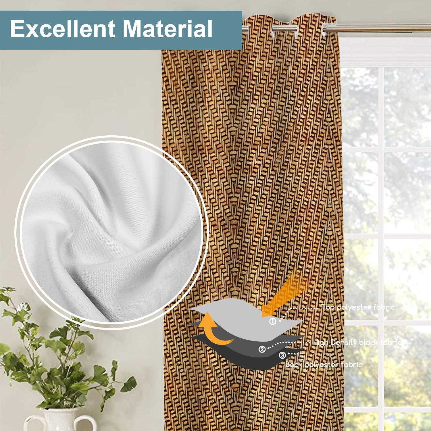 Shrahala Bamboo Rustic Tan Blackout Curtains 2 Panels 52x84