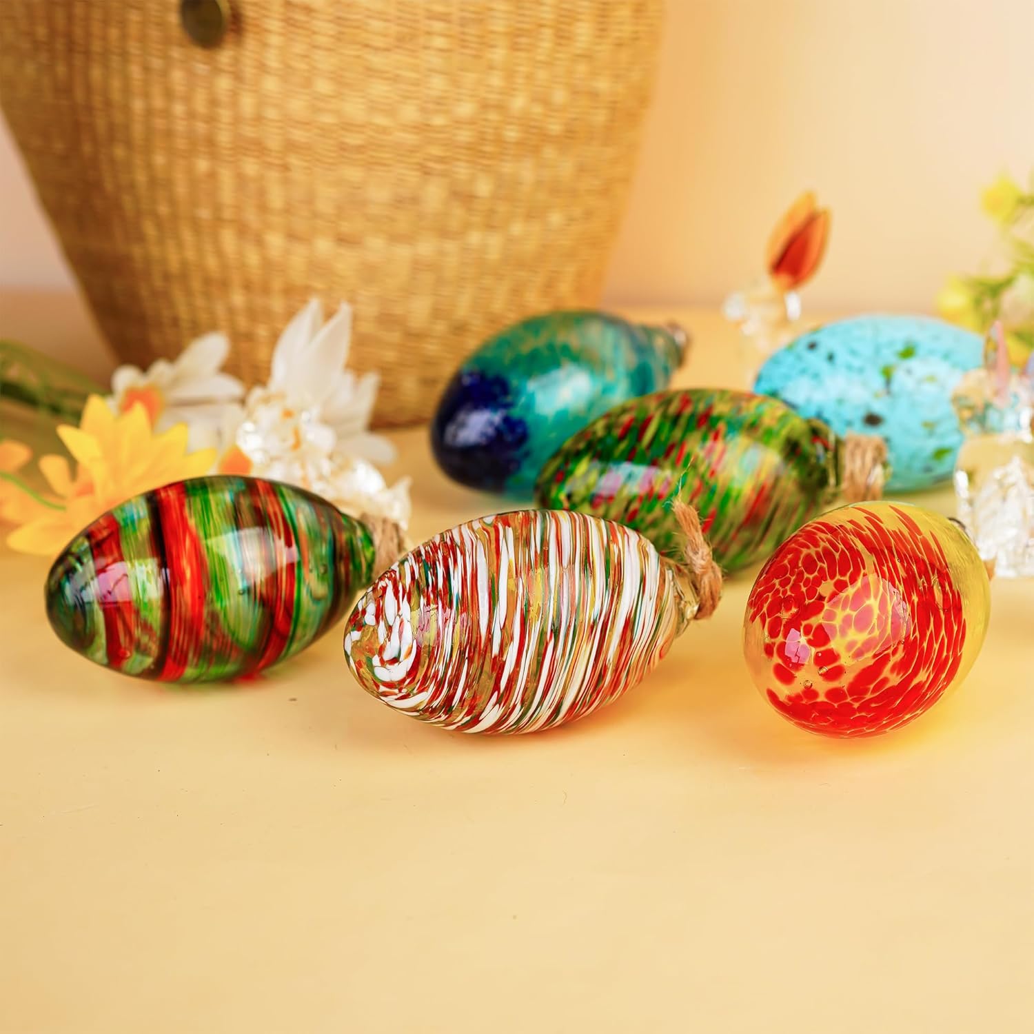 Set of 6 Hand Blown Glass Egg Ornaments for Home and Christmas Decor