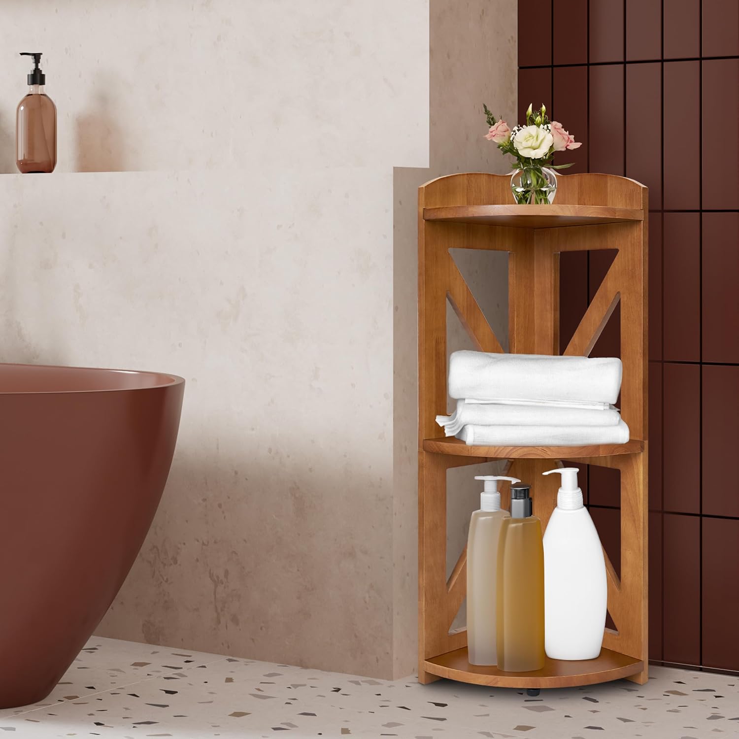 YCICI Corner Shelf Stand 3 Tier Natural Wood Brown