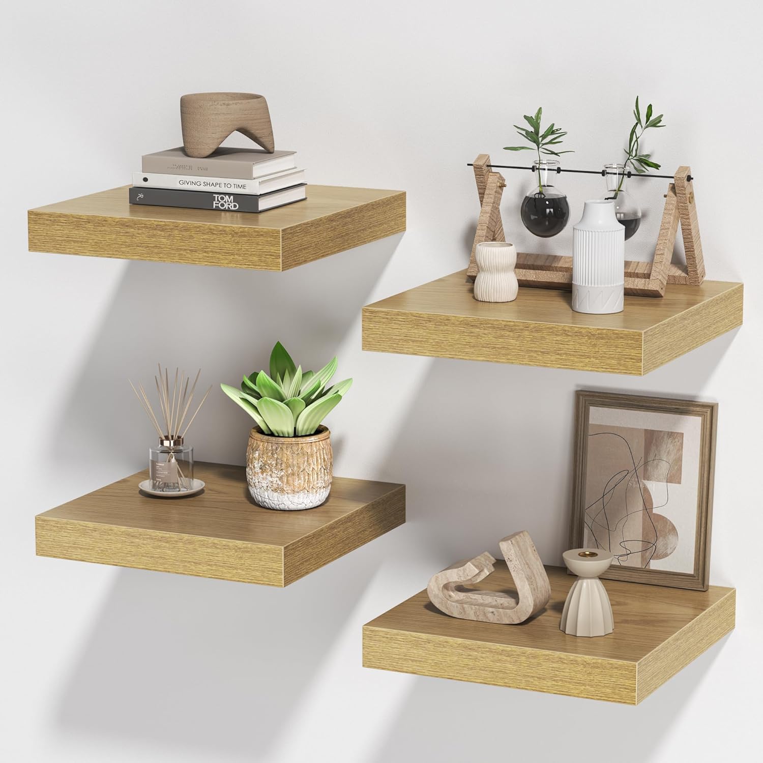 Square Floating Shelves for Wall Set of 4 Oak
