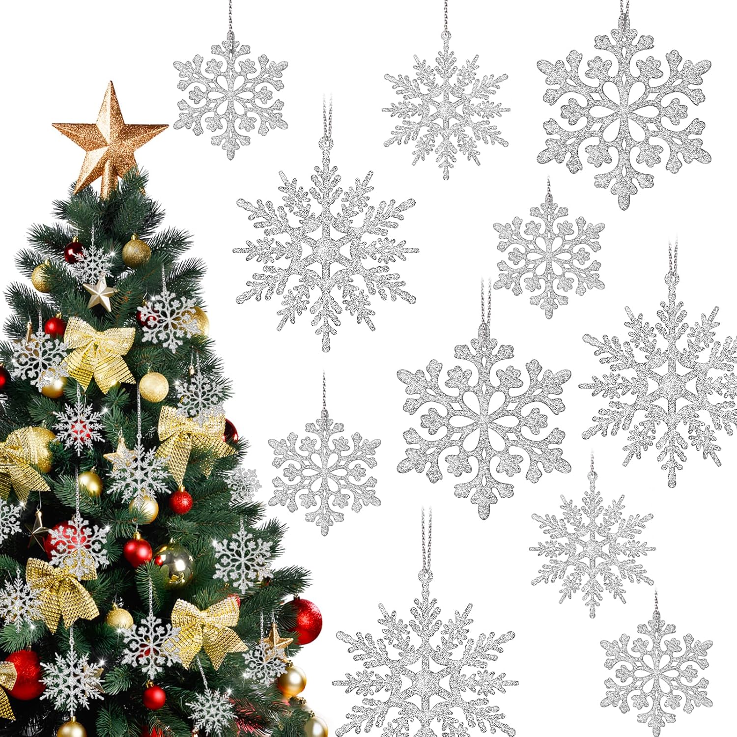 36Pcs Silver Glitter Snowflake Decorations for Christmas Tree