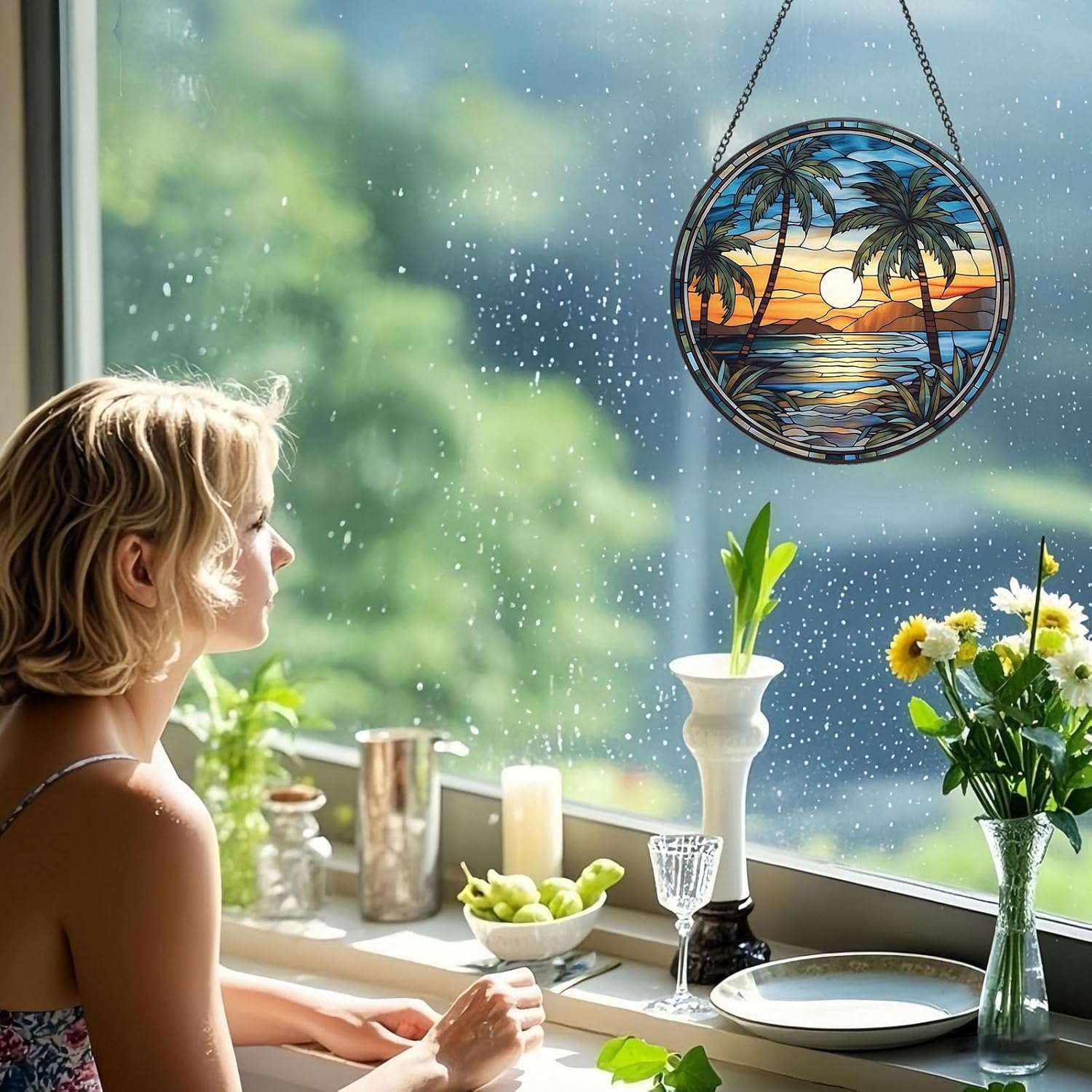 Stained Glass Window Hanging Suncatcher 8 Hand-Painted Decor for Windows with Fade Resistant Design