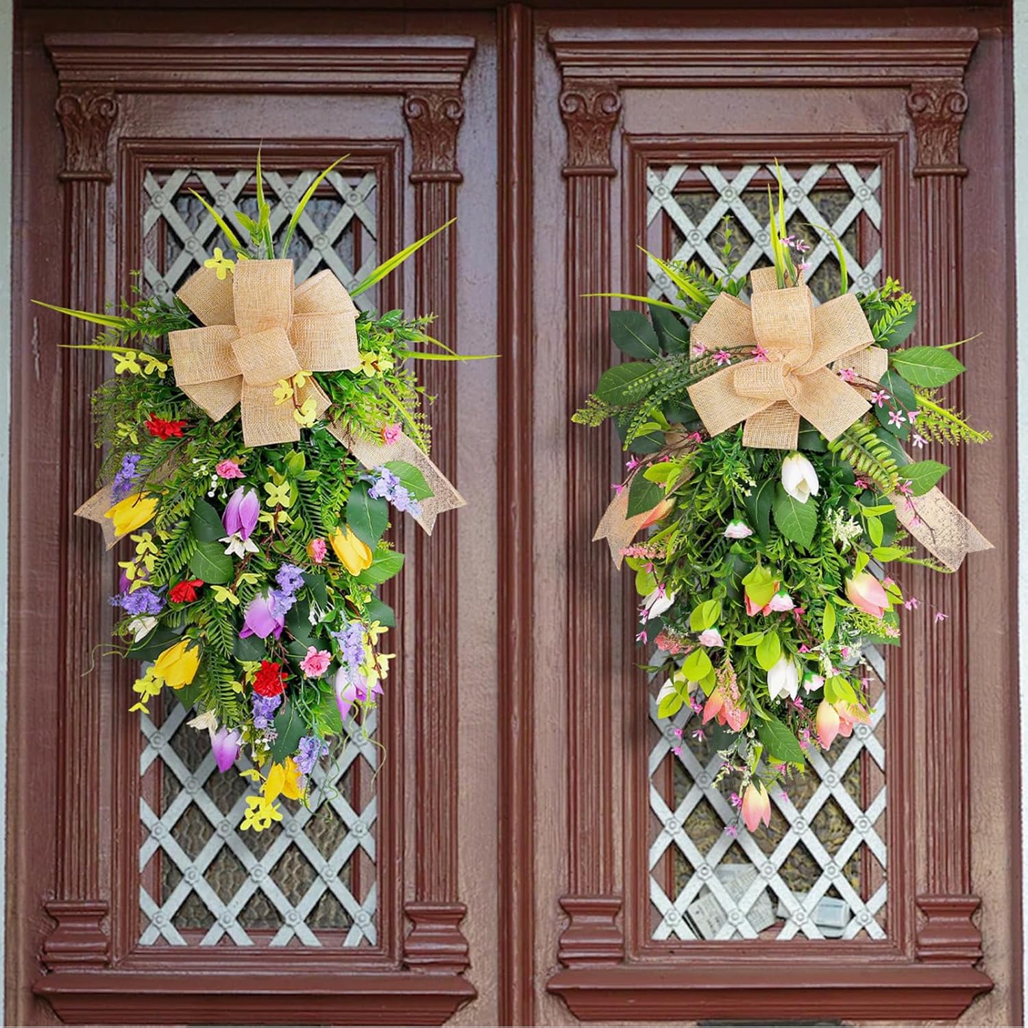 Spring Flower Wreath for Front Door Teardrop Swag with Artificial Tulips
