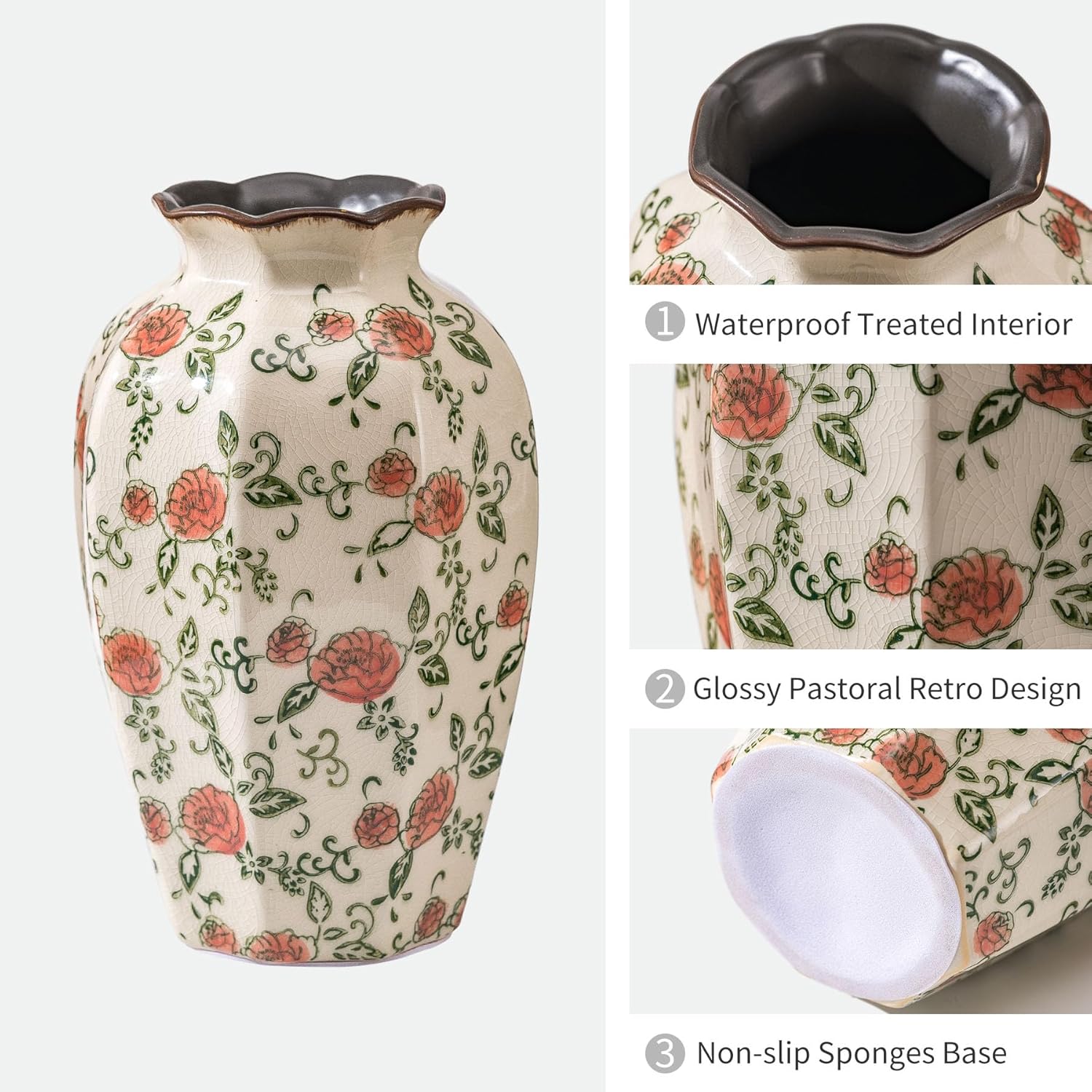 Green And Beige Vintage Octagonal Flower Vase