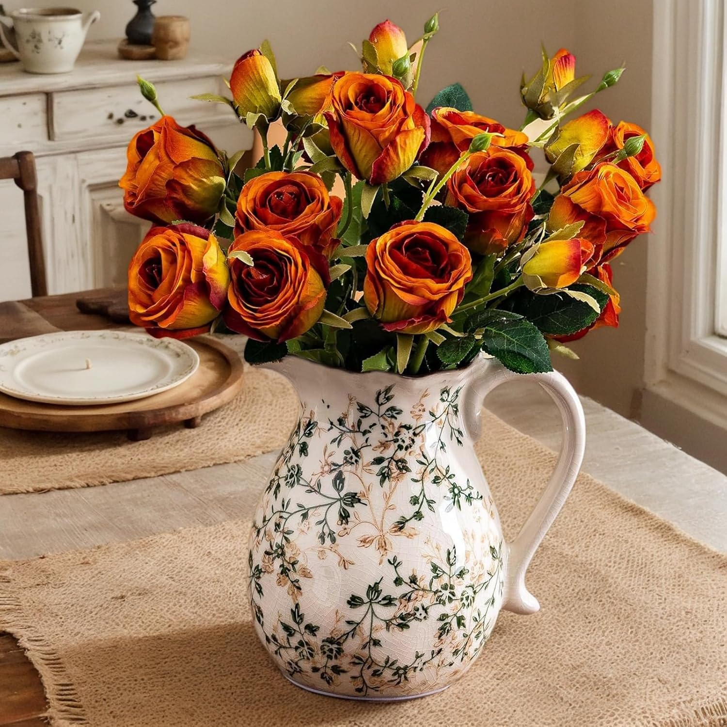 Ceramic Vintage Flower Vase with Handle 8 Inch