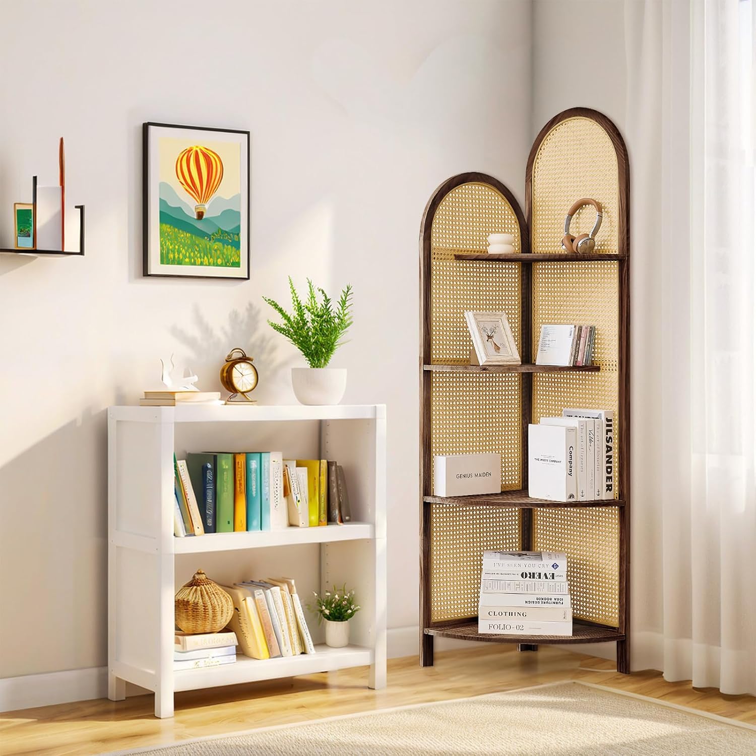4 Tier Corner Shelf Dark Brown Rattan Bookshelf with Legs