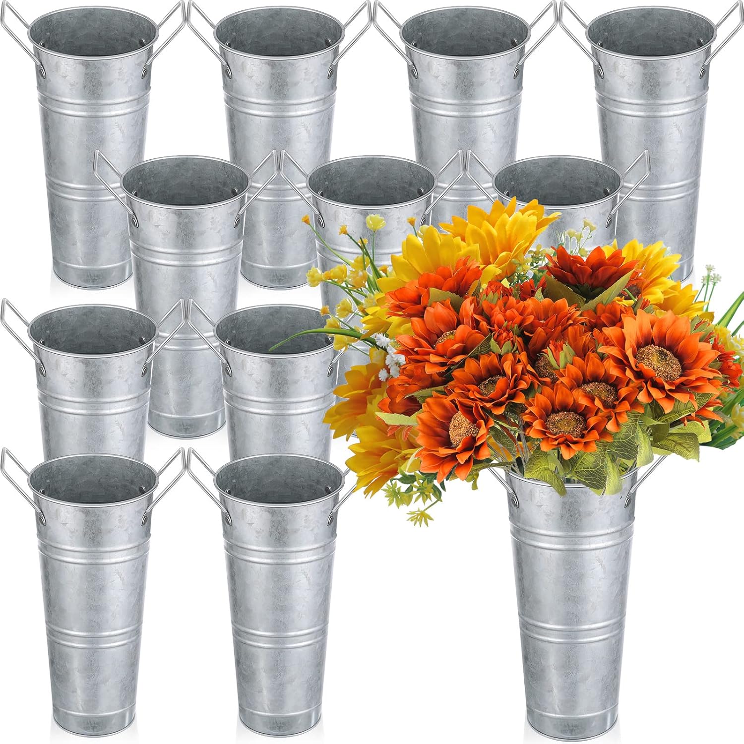 Chumia 12 Pcs Galvanized Flower Bucket Set Matte Silver