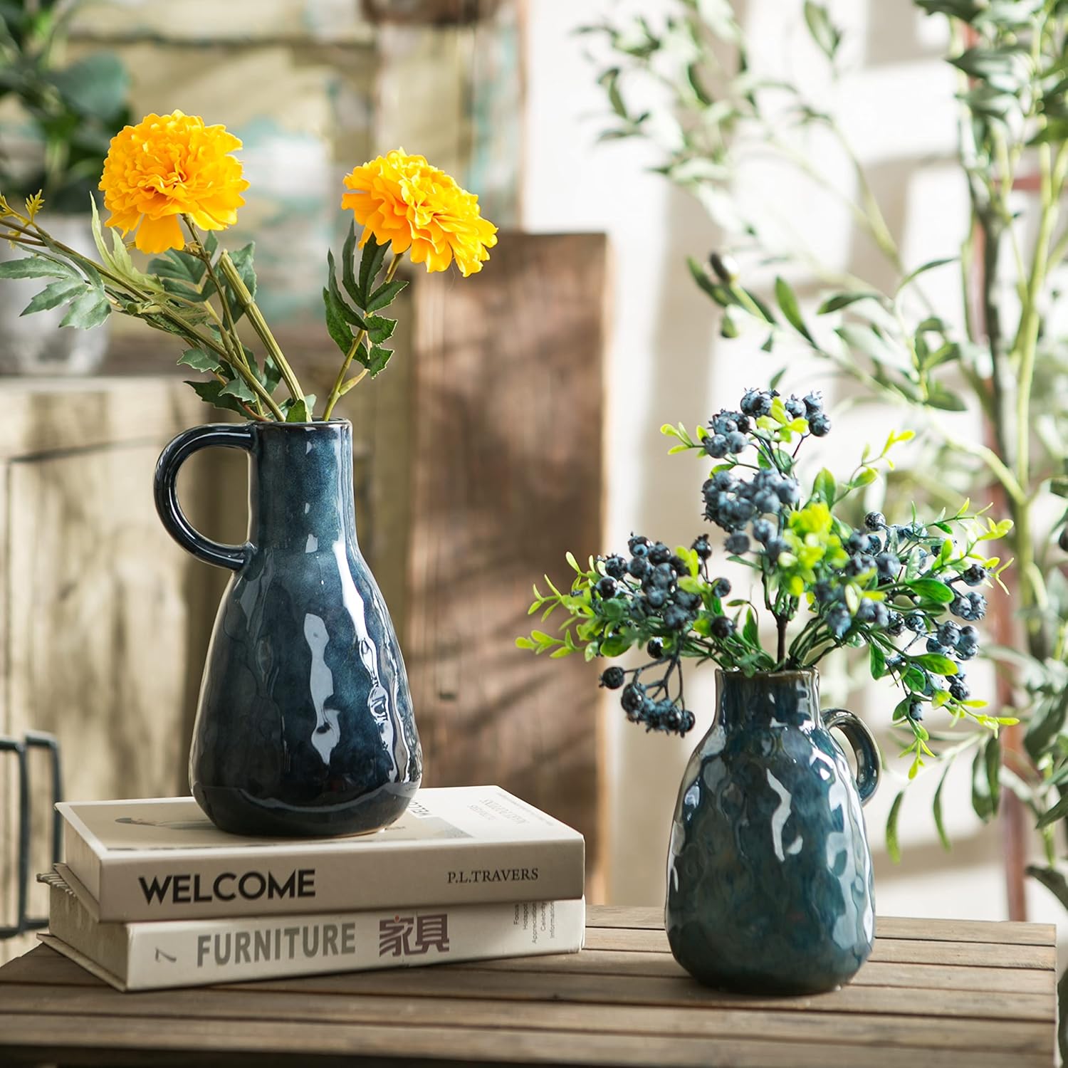 Tanvecle Ceramic Vase Set of 2 Blue Glazed