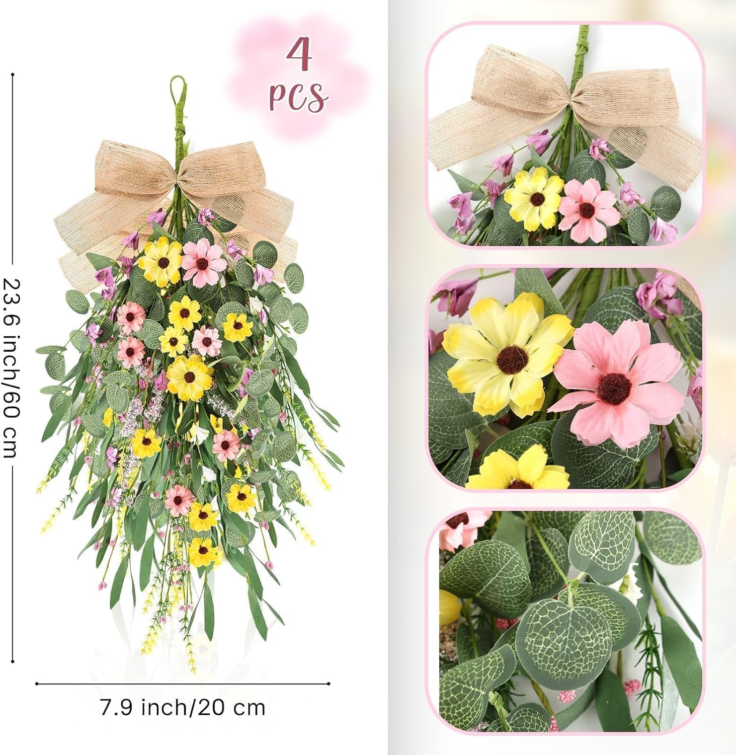 4 Pcs 24 Inch Artificial Spring Summer Wreath with Ribbon Flowers
