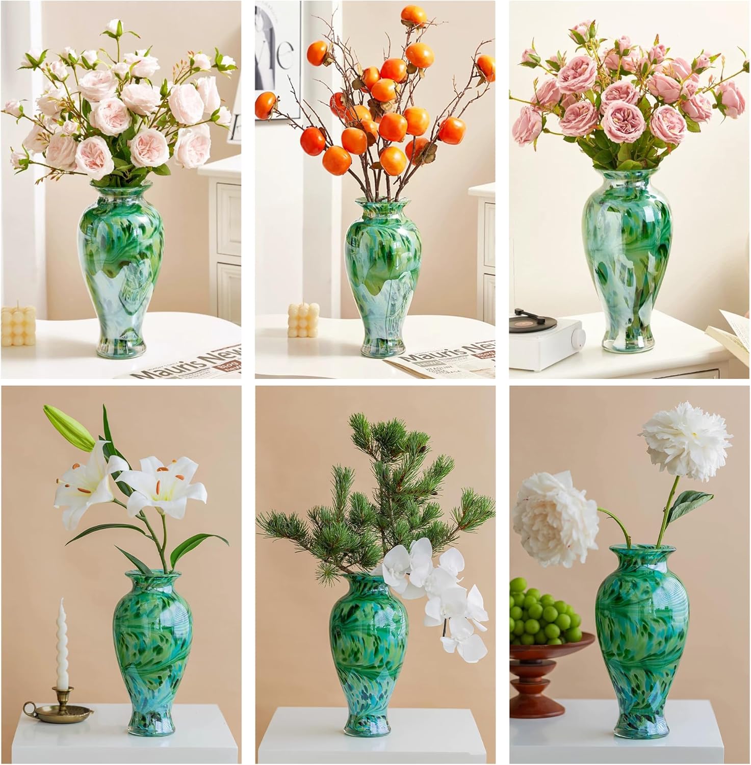 Hand Blown Green Classic Vase for Home Decor