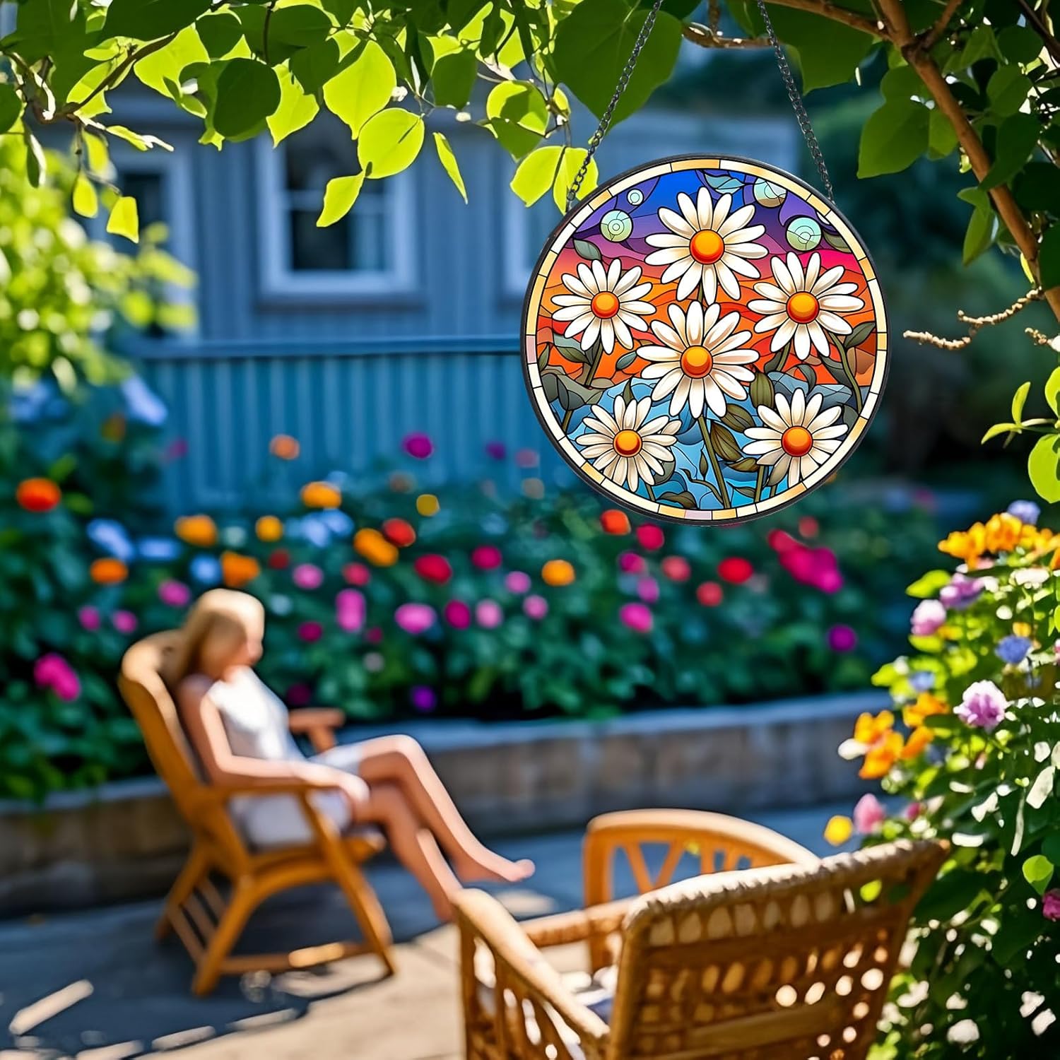 Stained Glass Window Hanging White Flower Suncatcher for Home Decor