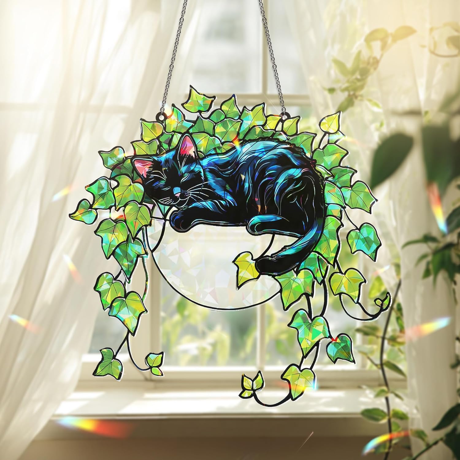 Whimsical Black Cat Stained Glass Suncatcher