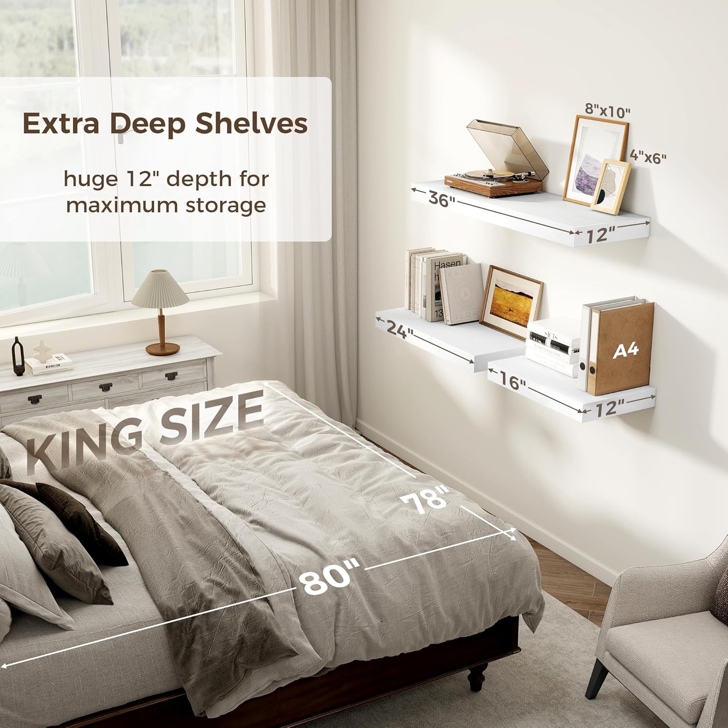 White Floating Shelf 36x12 Inch Wall Mount